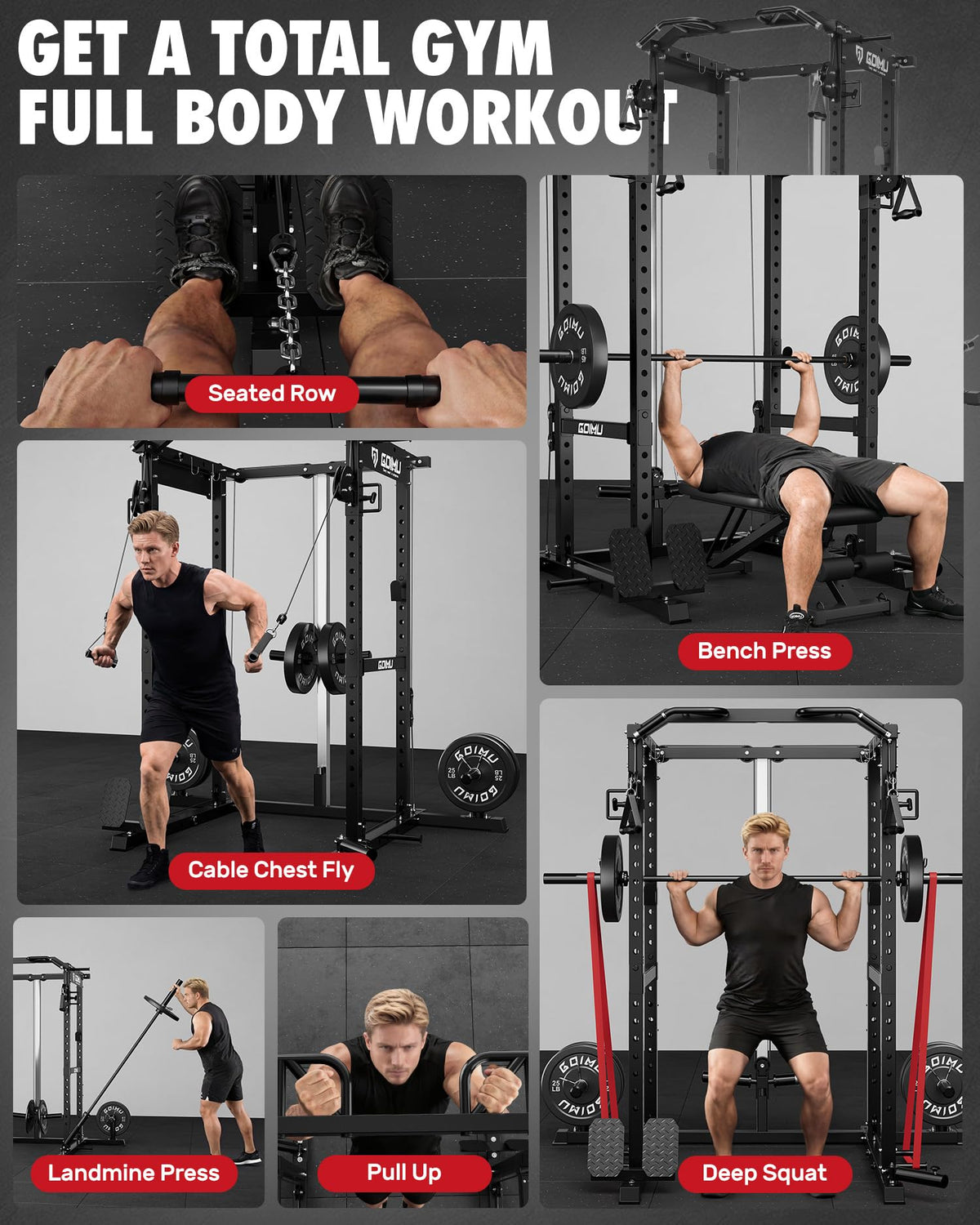 GOIMU RH01 Power Cage Rack, 2000LBS Squat Rack with with Cable Crossover System&LAT Pull Down System, Multi-Function Workout Cage for Home&Garage Gym (Black, RH01 Power Cage)