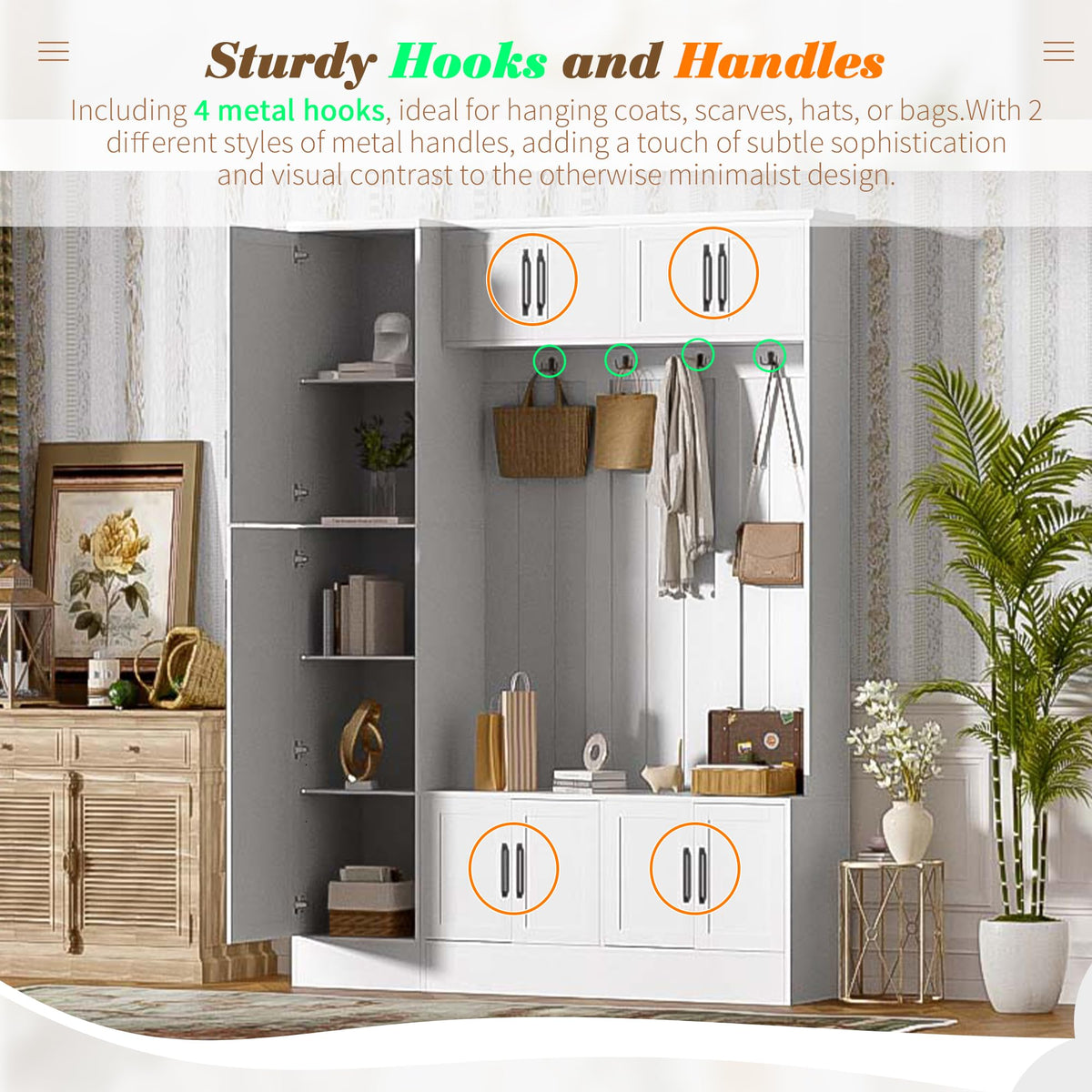 Merax Farmhouse Wood Hall Tree with Shoe Bench & 6 Cabinets, 4-in-1 Coat Rack with 4 Hooks & Adjustable Shelves, Entryway Storage Organizer Cabinet for Entrance, Hallway, Mudroom White