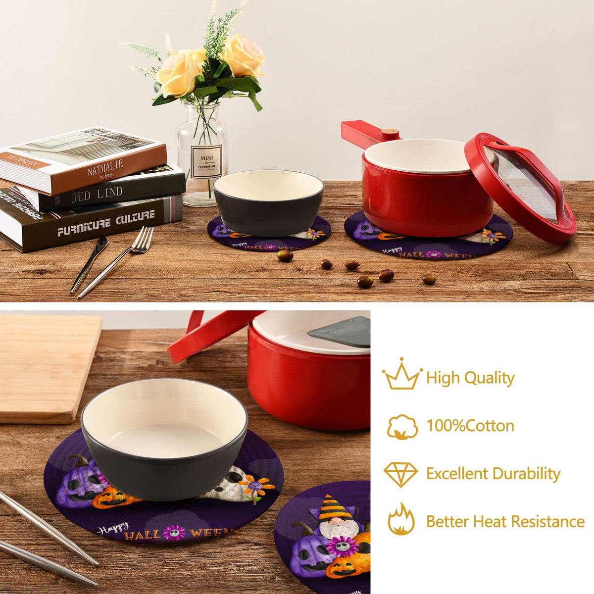 Moudou Halloween Gnome Trivet Pot Holder Set of 2, Heat Resistant Round Potholders Coasters Pad for Kitchen, Hot Pot and Pan