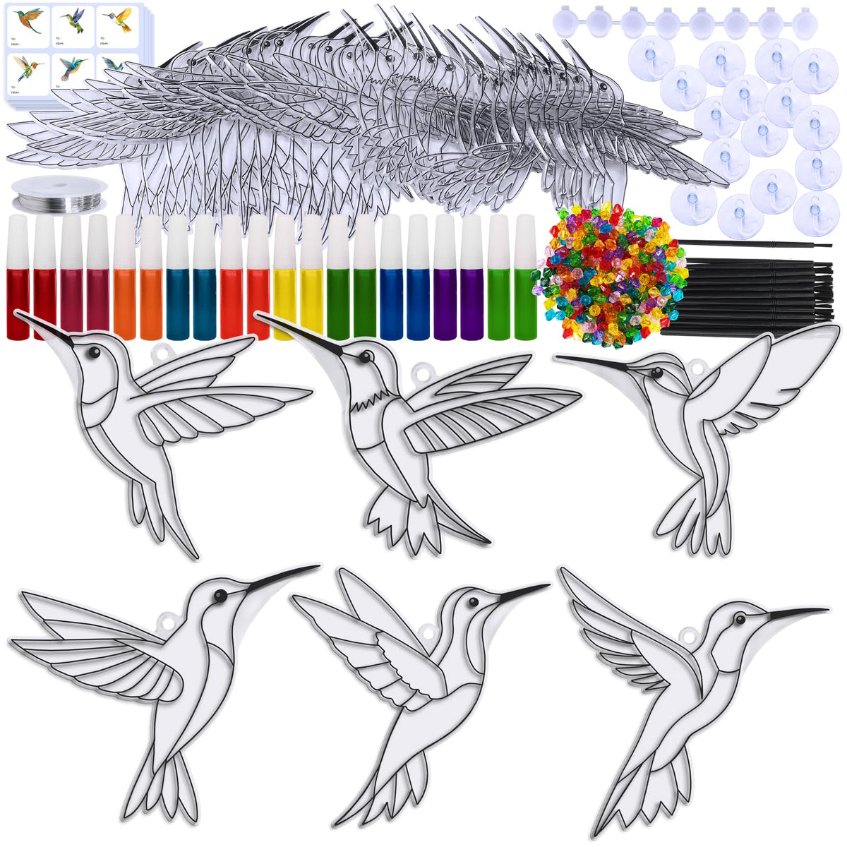 Winlyn 24 Sets Hummingbird Suncatcher Decorations DIY Window Paint Art Craft Kits Rainbow Bird Painting Kit for Kids Classroom Activities Birthday Spring Summer Camping Party Art Project