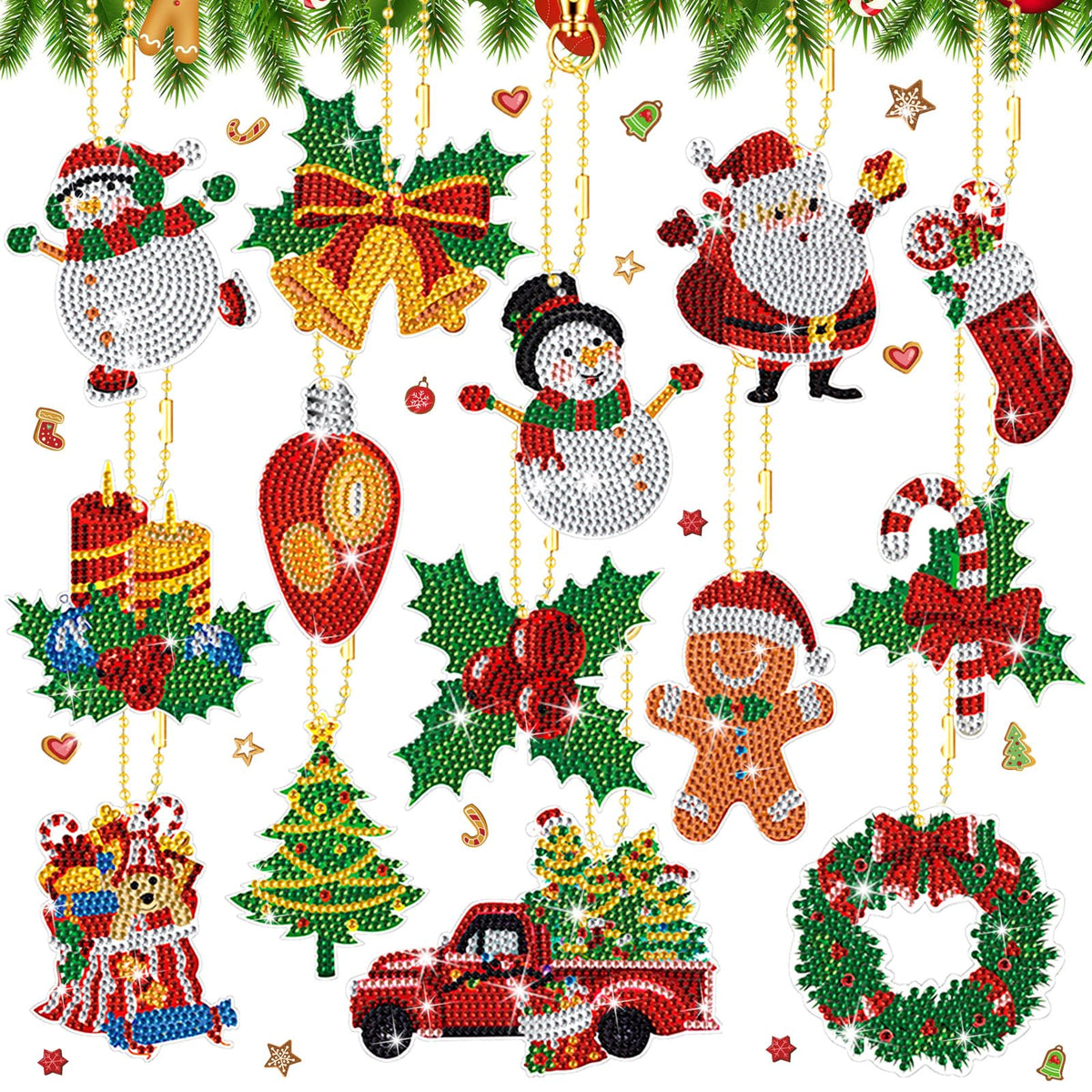Equsion 14 Pcs Christmas Diamond Art Ornaments Christmas Diamond Painting Keychains Kits Double Sided Hanging Art Key Ring Painting Ornaments 5d DIY Craft Gifts Family Home Decor Rhinestone Pendant