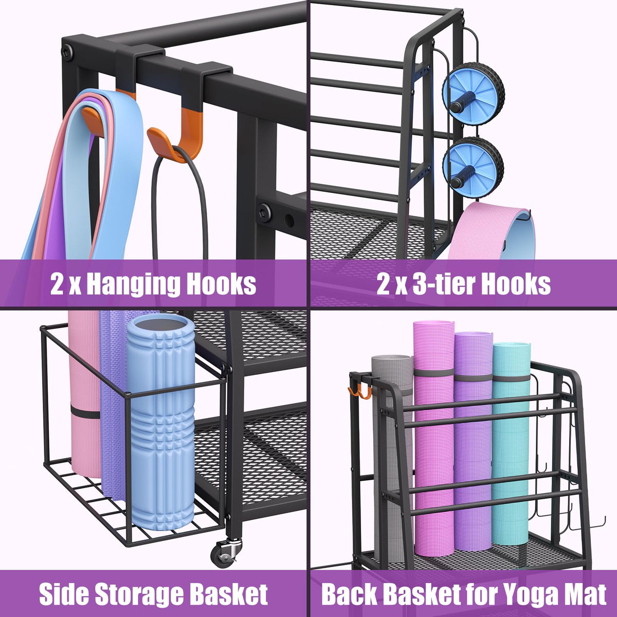 VOPEAK Dumbbell Rack for Home Gym, Adjustable Weight Rack Stand with Wheels, Heavy Duty Steel Storage Organizer for Dumbbells Kettlebells Yoga Mat, with Locking Casters & Side Hooks