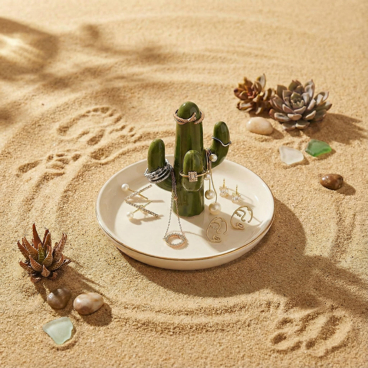 mono living Cactus Jewelry Holder and Ring Dish - Ceramic Succulent Decor for Kitchen Sink or Vanity - Cute Engagement, Birthday, or Mother’s Day Gifts for Women, Gold-Rimmed Trinket Tray