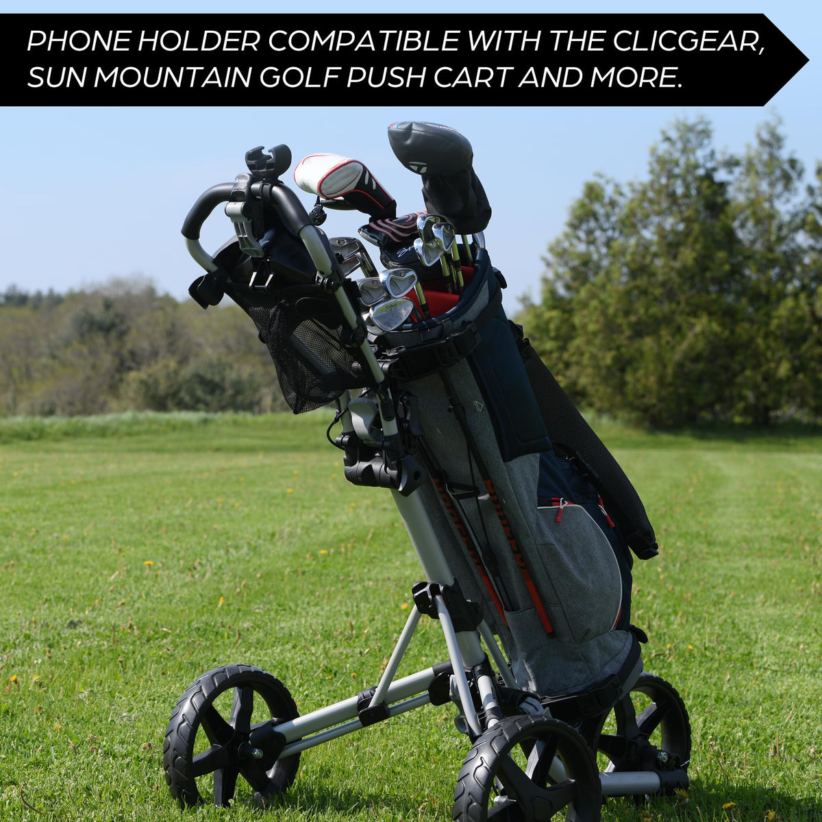 Black Harp Golf Push Cart Phone Holder - Silicone Phone Mount Compatible with Clicgear, Sun Mountain, Caddytek, Rovic, Caddy, Bag Boy & More- Golf Push Cart Accessories for Cell Phones