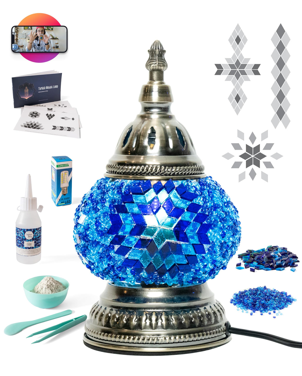 KRAFTSTORIES DIY Turkish Mosaic Lamp Kit – Create Your Own Colorful Glass Table Lamp | Handmade Arts & Crafts Kit for Adults | Moroccan Boho Unique Gift Idea, Includes All Materials (Blue)