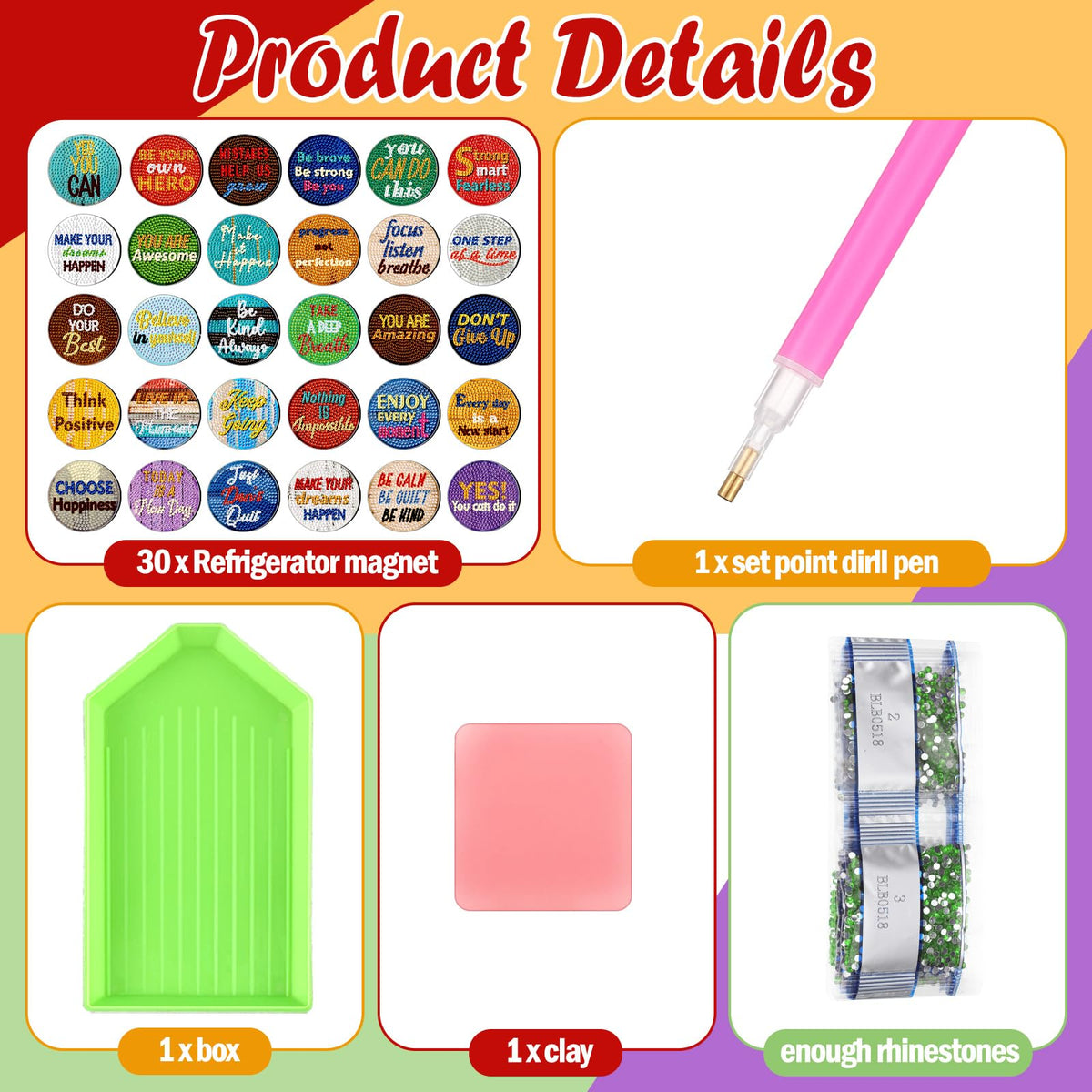 Motipuns 30 Pcs Inspirational Diamond Art Kits Magnetic Motivational Diamond Painting Magnets Kits Positive Affirmation 5d DIY Art Fridge Magnet Refrigerator Sticker for Adult Beginner Home Car Garage