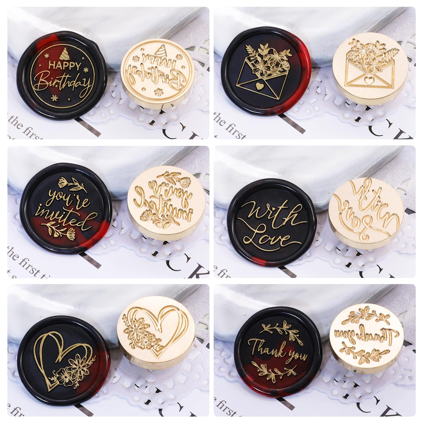 SWANGSA Blessing Wax Seal Stamp Gift Box Set, Vintage 6 Sealing Stamp Heads and 1 Wooden Hilt for Wedding, Party Invitations, Envelops, Christmas Cards and Gift (Phrases Kit)