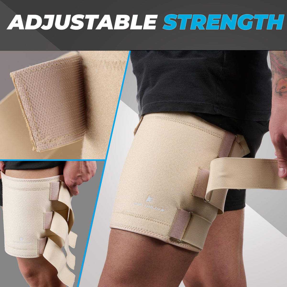 SportEmblema 2026 Upgraded Thigh Compression Sleeve for Men & Women, Sturdier Non-Slip Hamstring Compression Wrap for Quad & Leg Support, Hook and Loop Thigh Brace for Pulled Muscle, Fits 16"-24"-Skin