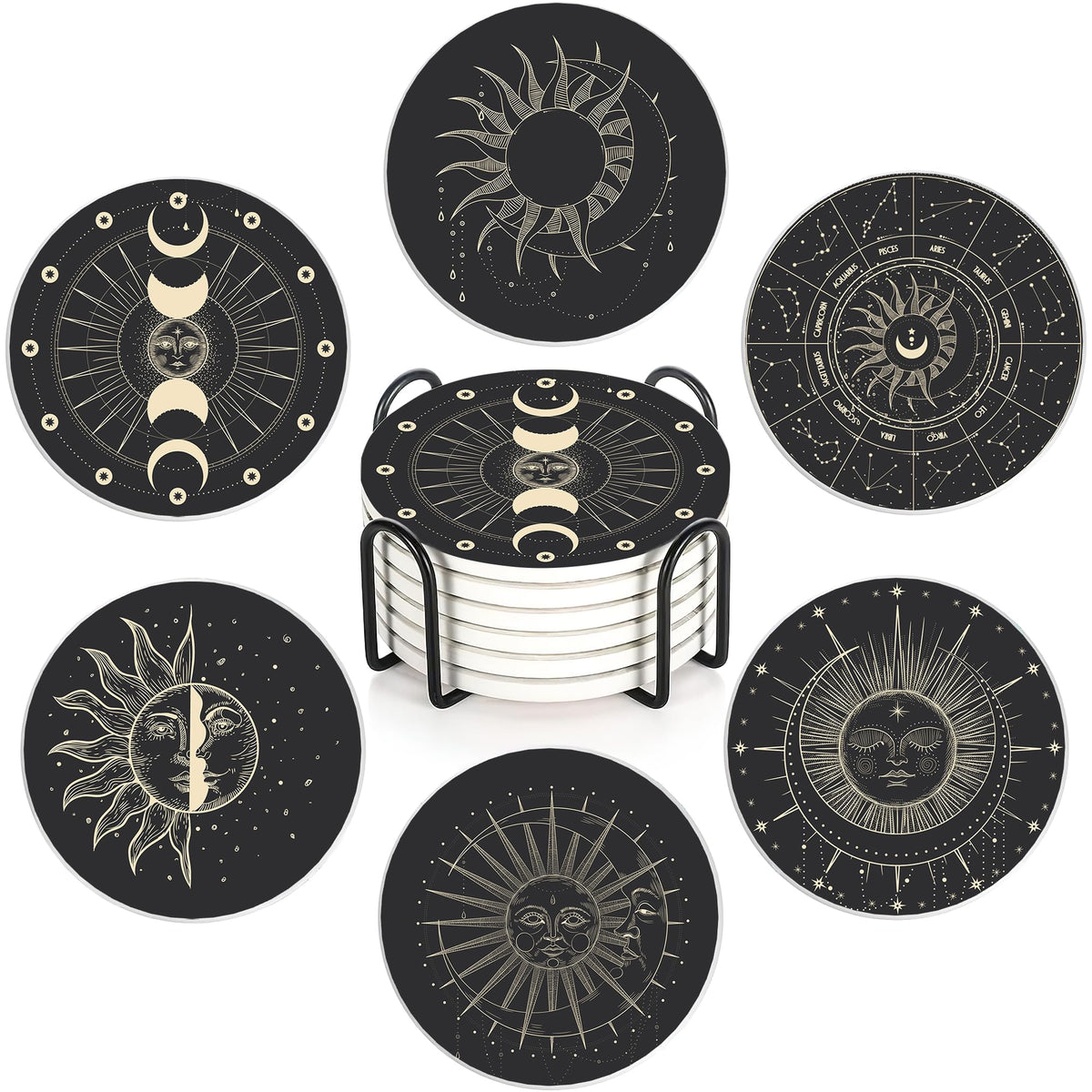 6-Pack Moon Phase Coasters Set with Holder - Absorbent Ceramic Drink Pads, Non-Slip Table Protectors for Coffee & Glasses