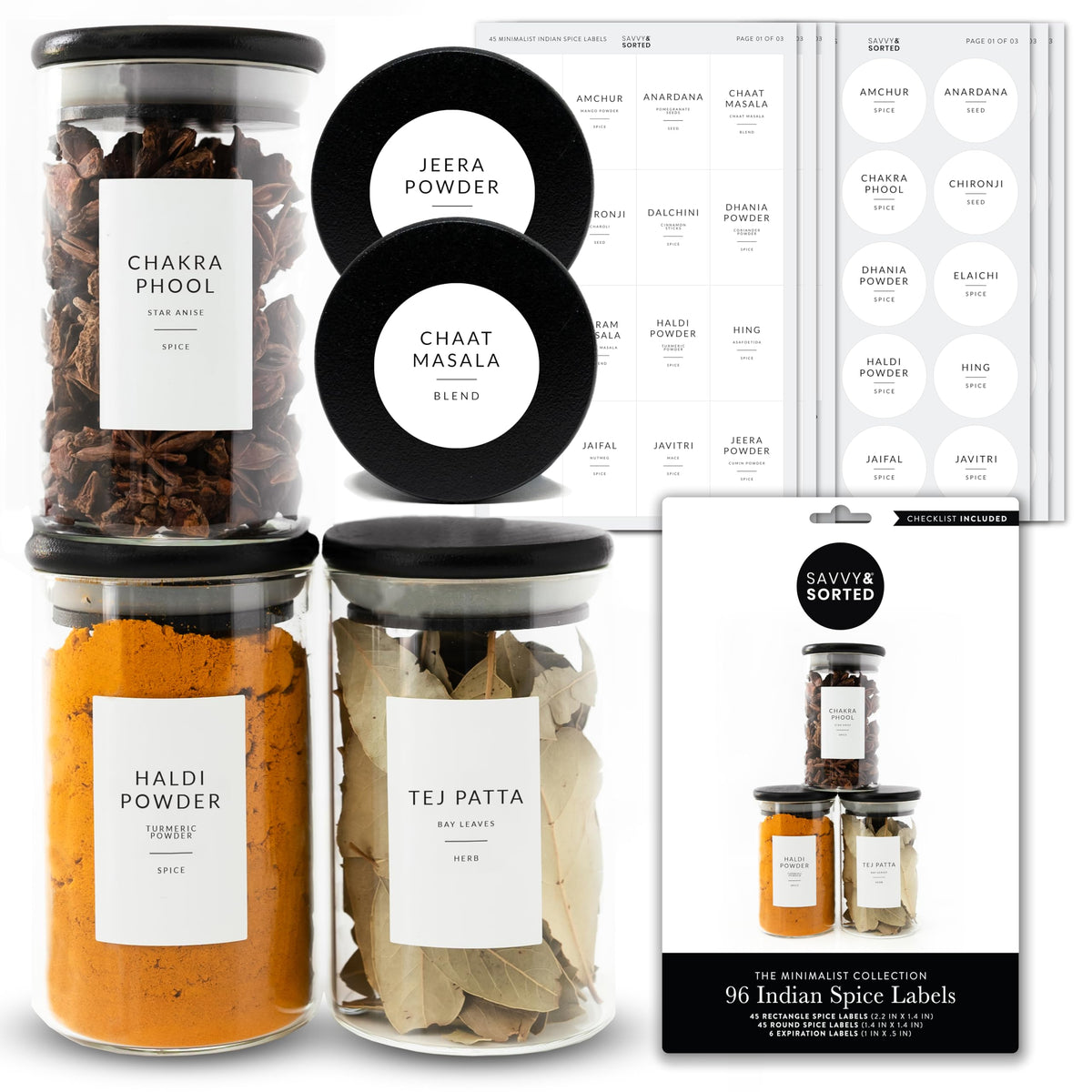 Indian Spice Labels Stickers for Jars and Lids - 96 South Asian Spice Jar Labels Waterproof Preprinted, Seasoning Herb Stickers for Containers Kitchen Pantry Organization