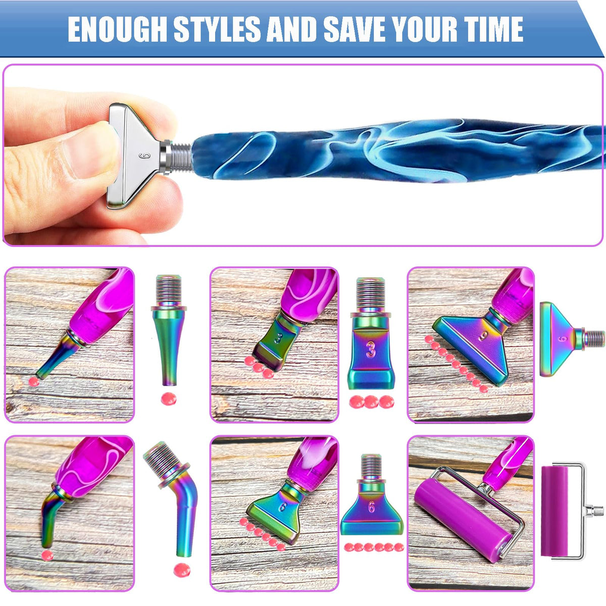 Diamond Art Pens Tools Diamond Painting Pen Accessories Kits with Screw Metal Tip Roller Drill Bead Dot Pens for Art Craft Nail (Blue Pen Silver 6)