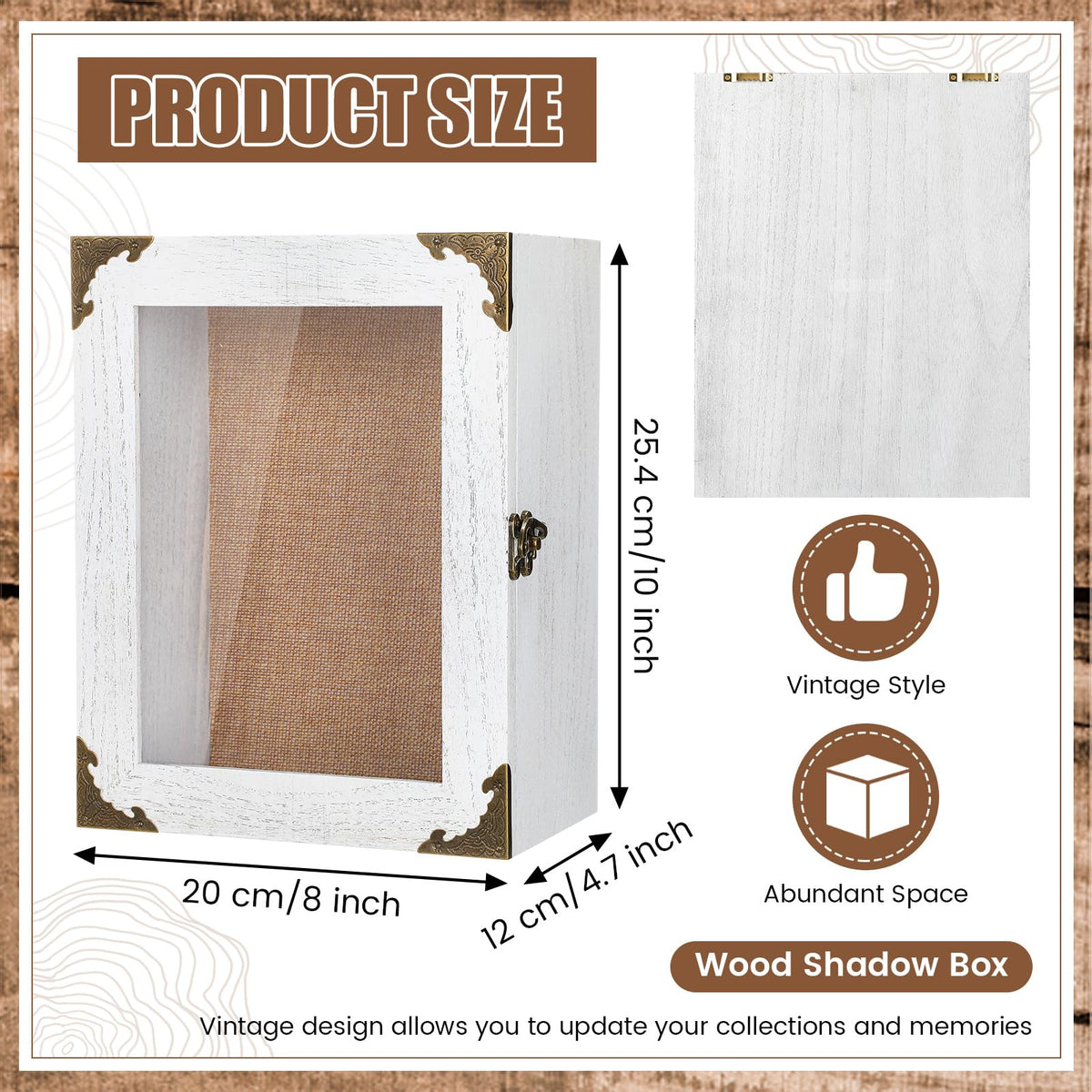 Cinnvoice 8x10 Inch Shadow Box Depth 4.7in Shadow Boxes Display Cases with Cork Board Backing Rustic Burnt Wood Box for Flowers Bouquet Wedding Picture Photo and Keepsake(White)