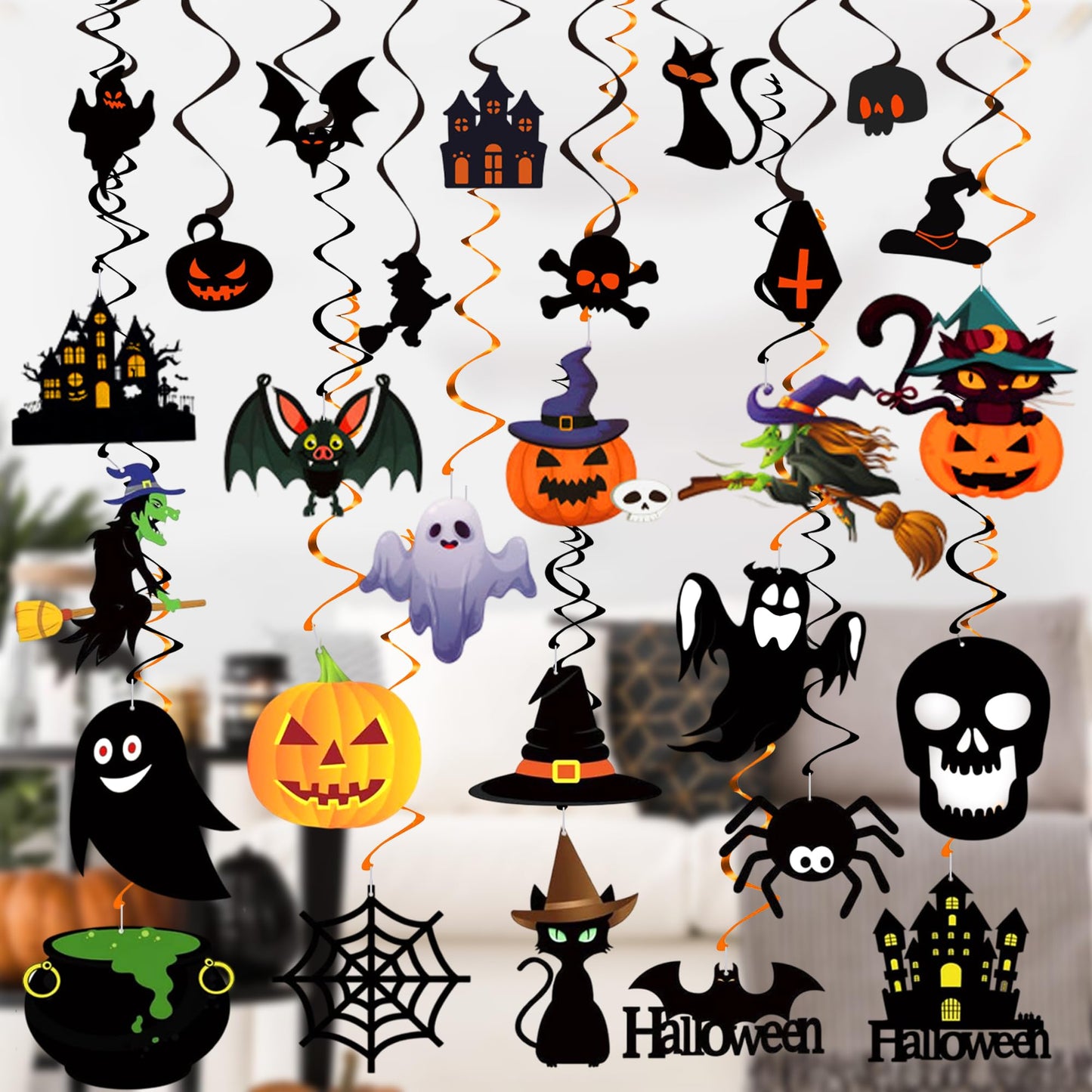 Halloween Balloons and Hanging Swirls - Pack of 64 | Giant 47 Inch Bat Balloons, Black Spider and Pumpkin Balloon | Spooky Halloween Party Decorations
