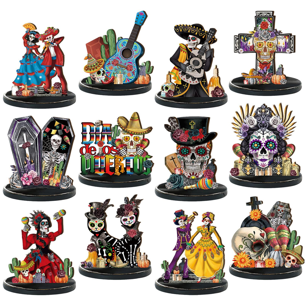 Wesiti 12 Pcs Day of The Dead Table Decorations Wooden Mexican Dia De Los Muertos Altar Centerpiece Halloween Sugar Skull Table Topper Decor Skeleton for Mexican Fiesta Tiered Tray Decor Party Favor