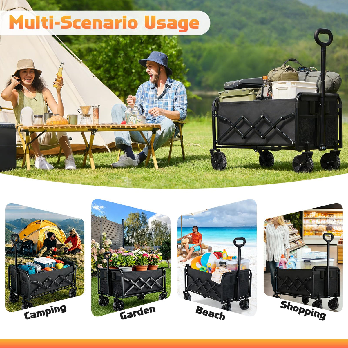 Collapsible Foldable Wagon Cart with Wheels - 220LBS Heavy Duty Folding Wagon Carts, Portable Lightweight Utility Wagon with All-Terrain Wheels & 2 Cup Holders, Grocery/Beach/Sports/Shopping/Black