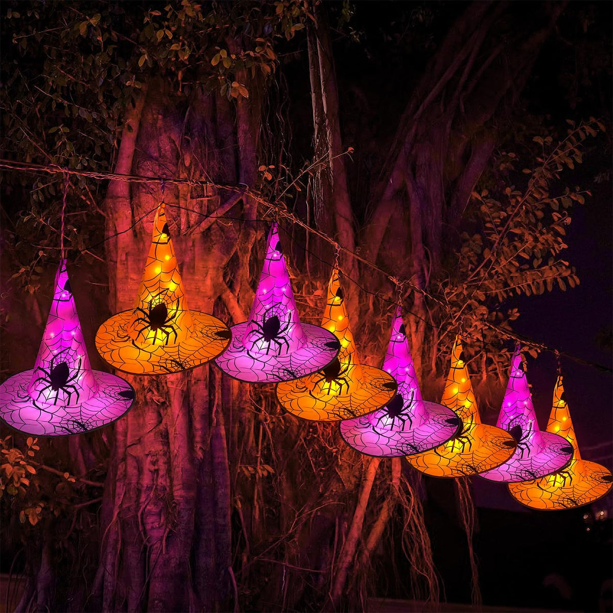 WATERGLIDE 2Pack Halloween Decorations, 8Pcs Each Lighted Hanging Witch Hats, Remote Control with 8 Modes Light Up 14 FT Halloween String Lights, for Indoor Outdoor Yard, Lawn, Graveyard Scenes Party