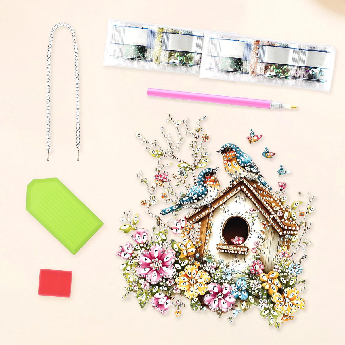 Lxmsja DIY Colorful Birdhouse Diamond Painting Hanging Ornament, Double-Sided Acrylic Flowers Branches Diamond Art Kit, Special Shaped Suncatcher Hanging Pendant Window Art Kit 8x7 inch