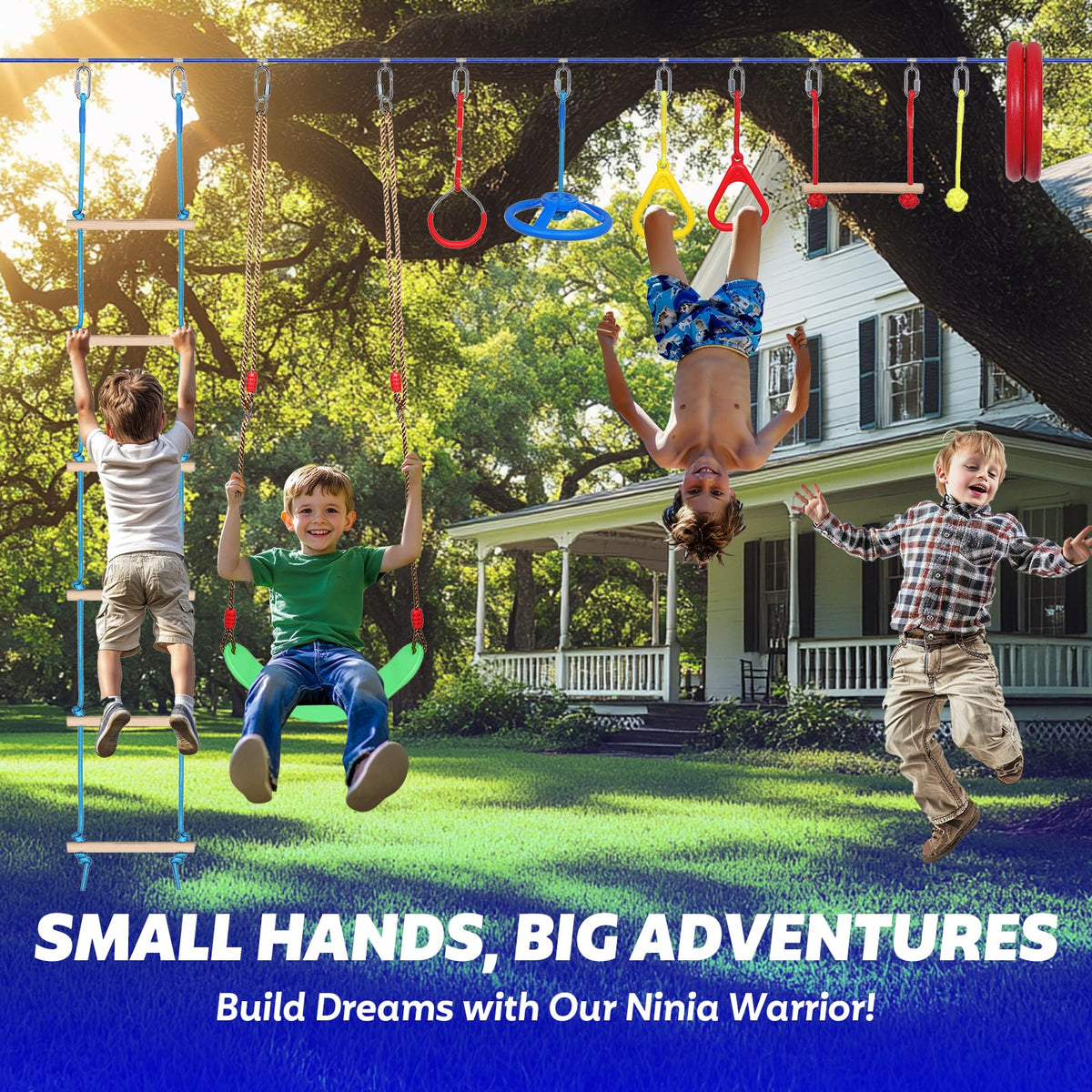 Dollate Ninja Warrior Obstacle Course for Kids - 65 FT, Outdoor Obstacle Course 13 Accessories, Swings, Monkey Bars, Arm Trainers - Suitable for Boys and Girls 3+ - 440 lbs Capacity
