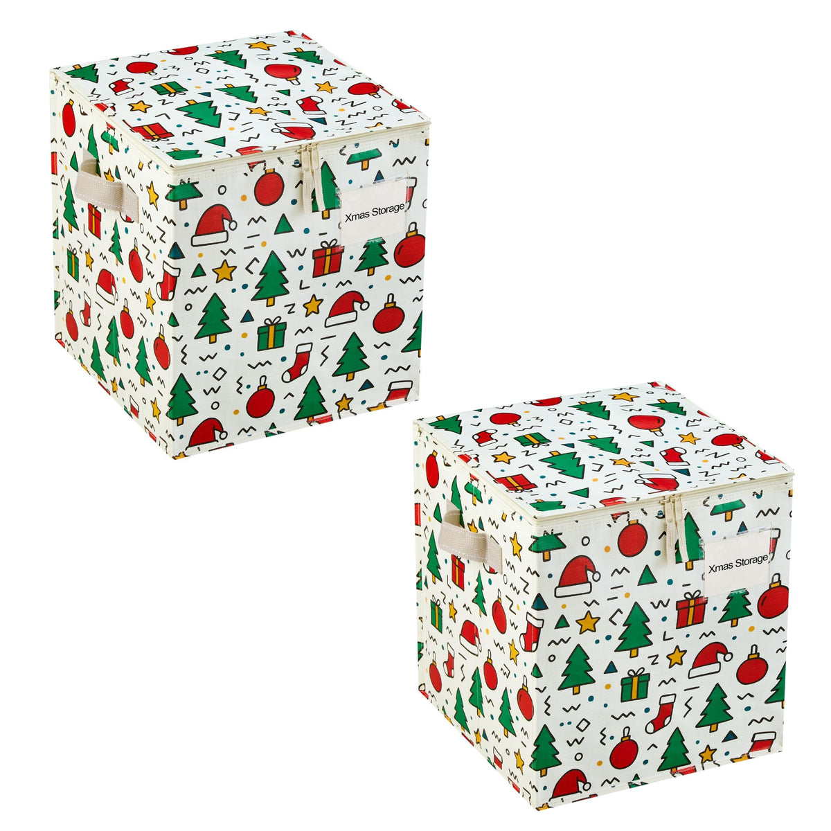 VENO 2 Pack Christmas Ornament Storage Box, Holiday Ornament Organizer with Adjustable Dividers, Sturdy Storage Containers for 64 Ornaments, Zippered Lid & Handles, 3" Cube (Jingle Mix)