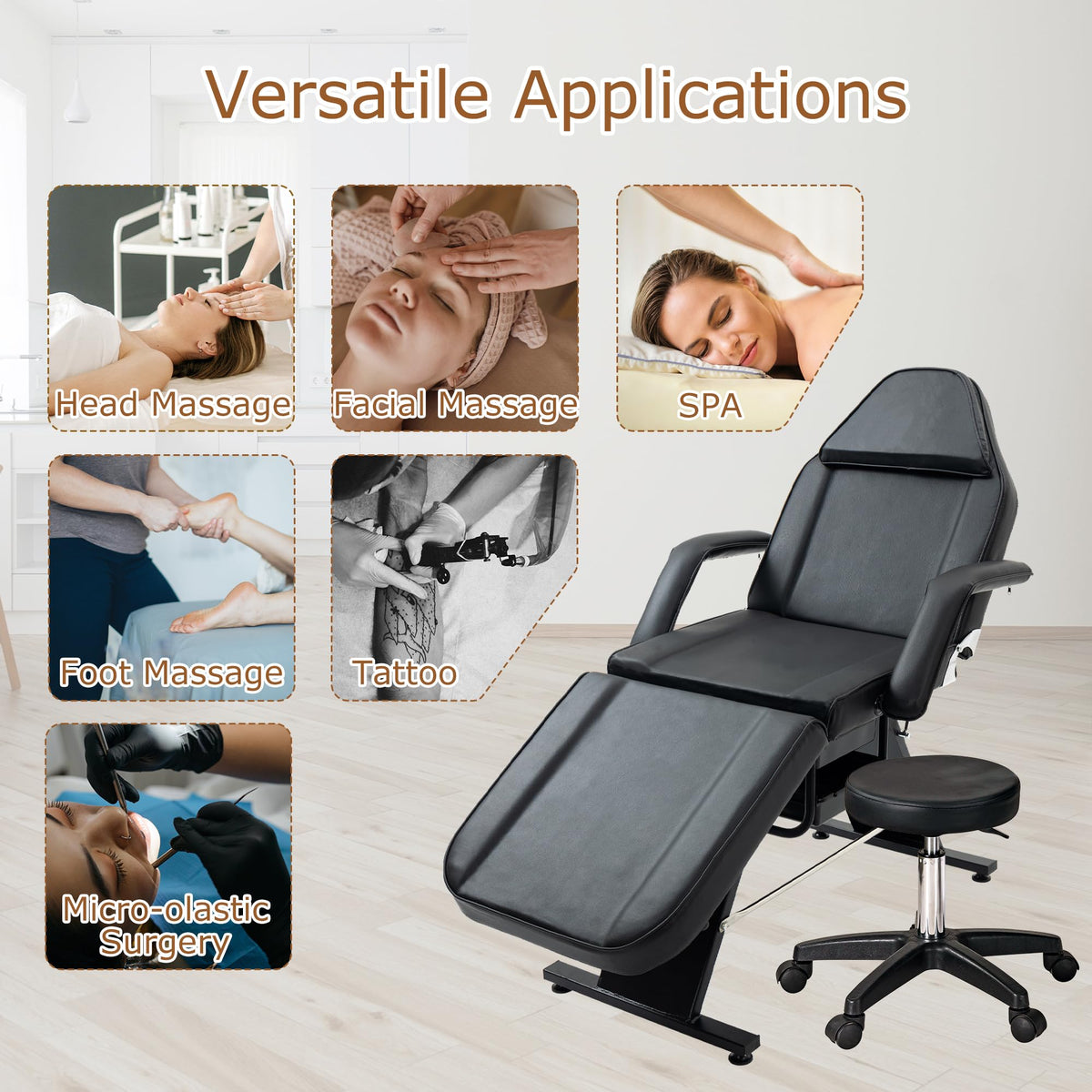 KEIKI Massage Salon Tattoo Chair Esthetician Bed with 2 Tray, Hydraulic Stool, Wide Leg Multi-Purpose 3-Section Facial Bed Table with Adjustable Spa Beauty Equipment, Easy Assembly, Black