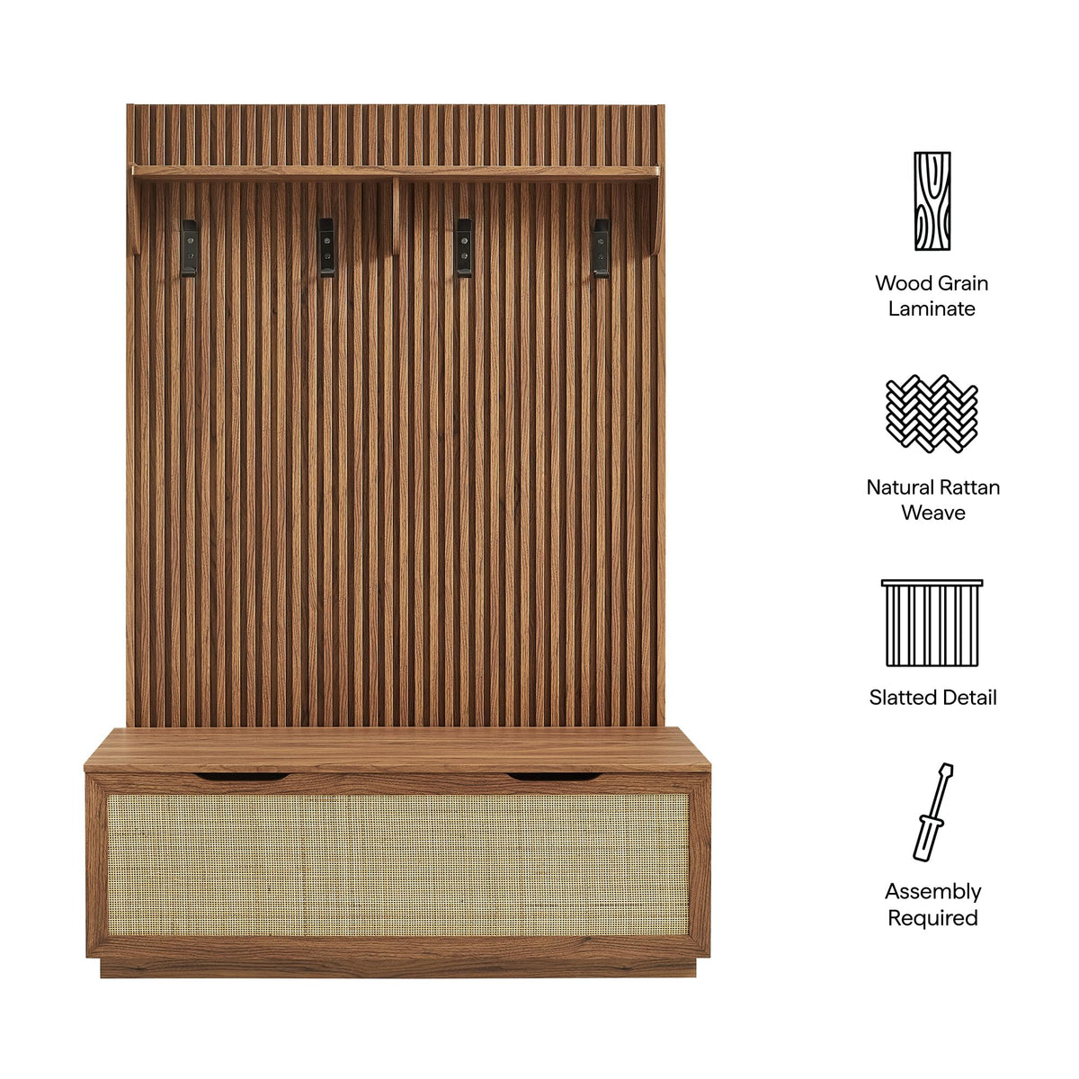 Modway Soma 3-in-1 Hall Tree in Walnut with Rattan Storage Bench and Fluted Coat Rack – 2-Piece Entryway Storage Set with Hooks, Shelf, and Bench