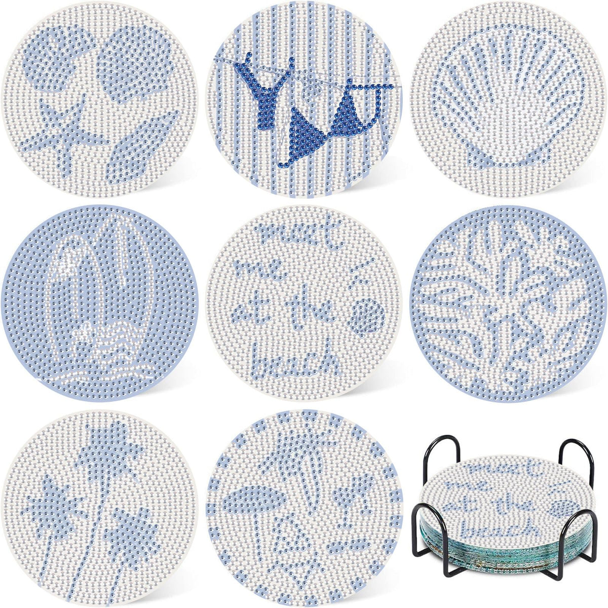 Beach Diamond Art Coasters Kit, 8 Pcs Beach Diamond Painting Coasters with Holder, 5D Gem Art Kit Easy Crafts, Non Slip Coaster for Home Decor Gift