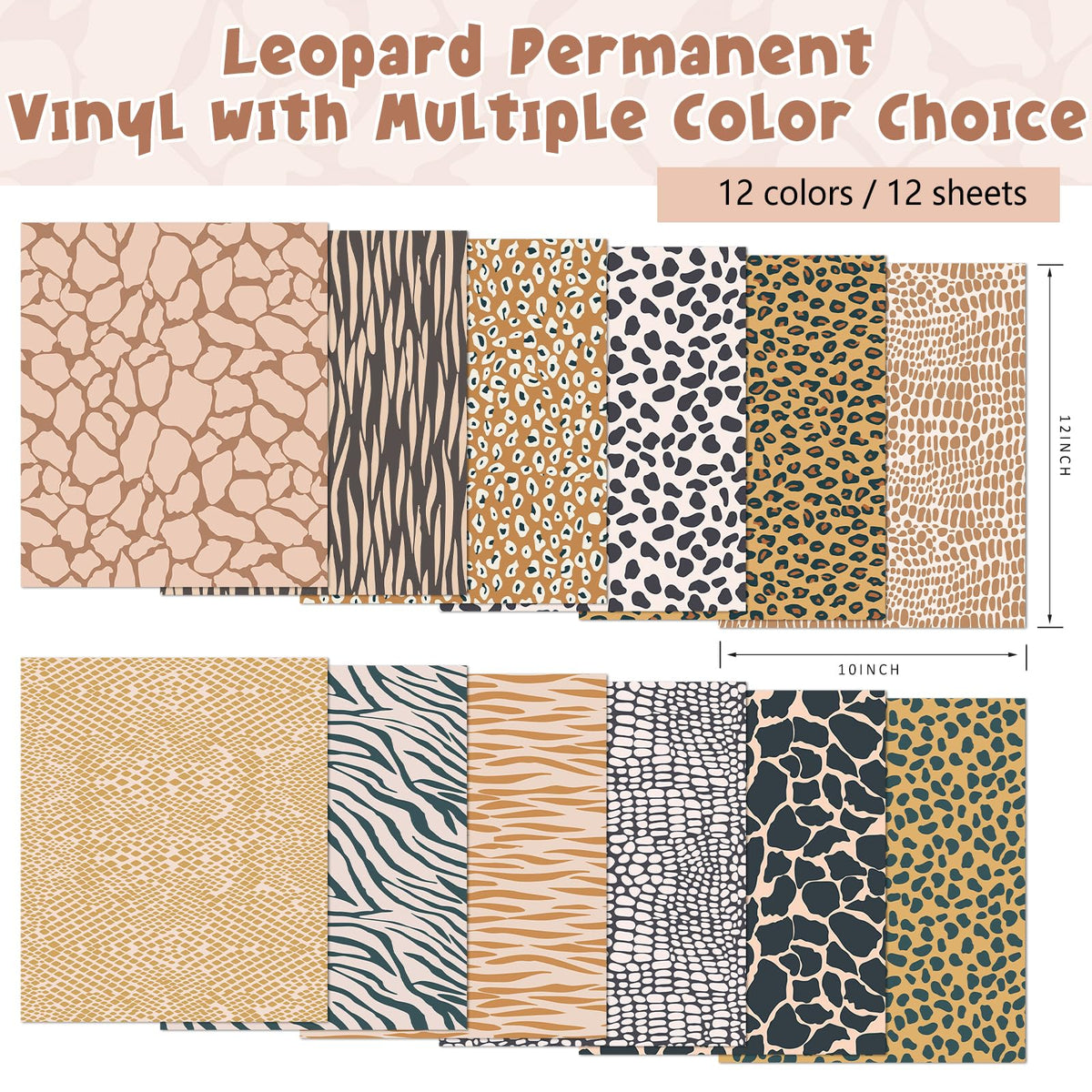 Tintnut Animal Print Pattern Permanent Vinyl - 12Sheets 12 x 10inches Leopard Print Permanent Adhesive Vinyl for Cutting Machine, Home Decor Self Sticker