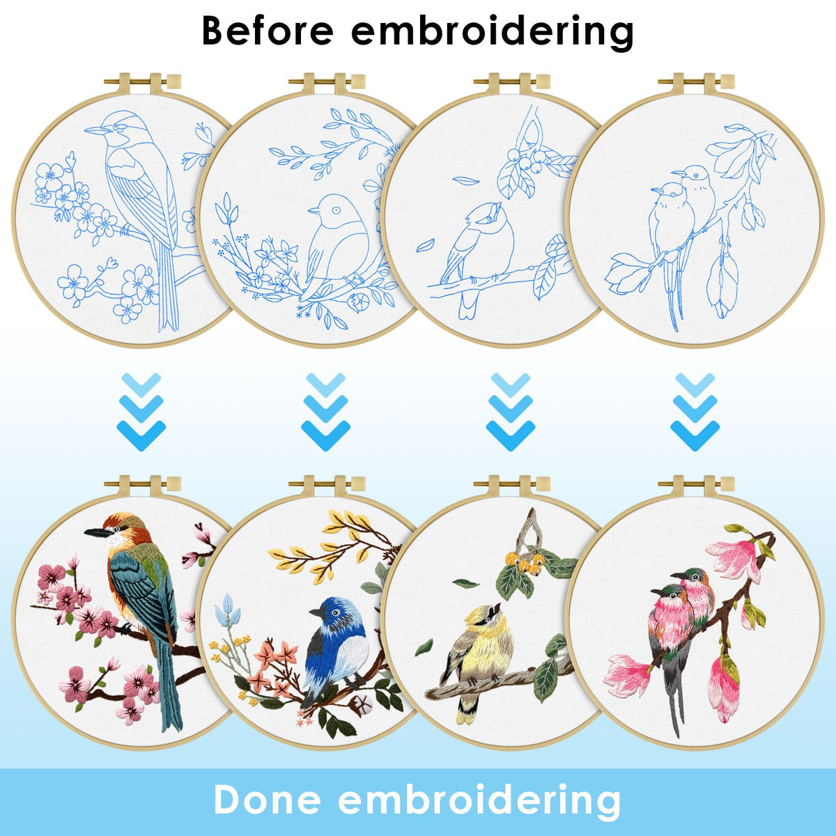 ERKOON 4 Sets Embroidery Kit for Beginners,Hummingbird and Flower Cross Stitch Set for Include Embroidery Cloth Hoops Threads for Craft Lover Hand Stitch (Flowers and Birds)