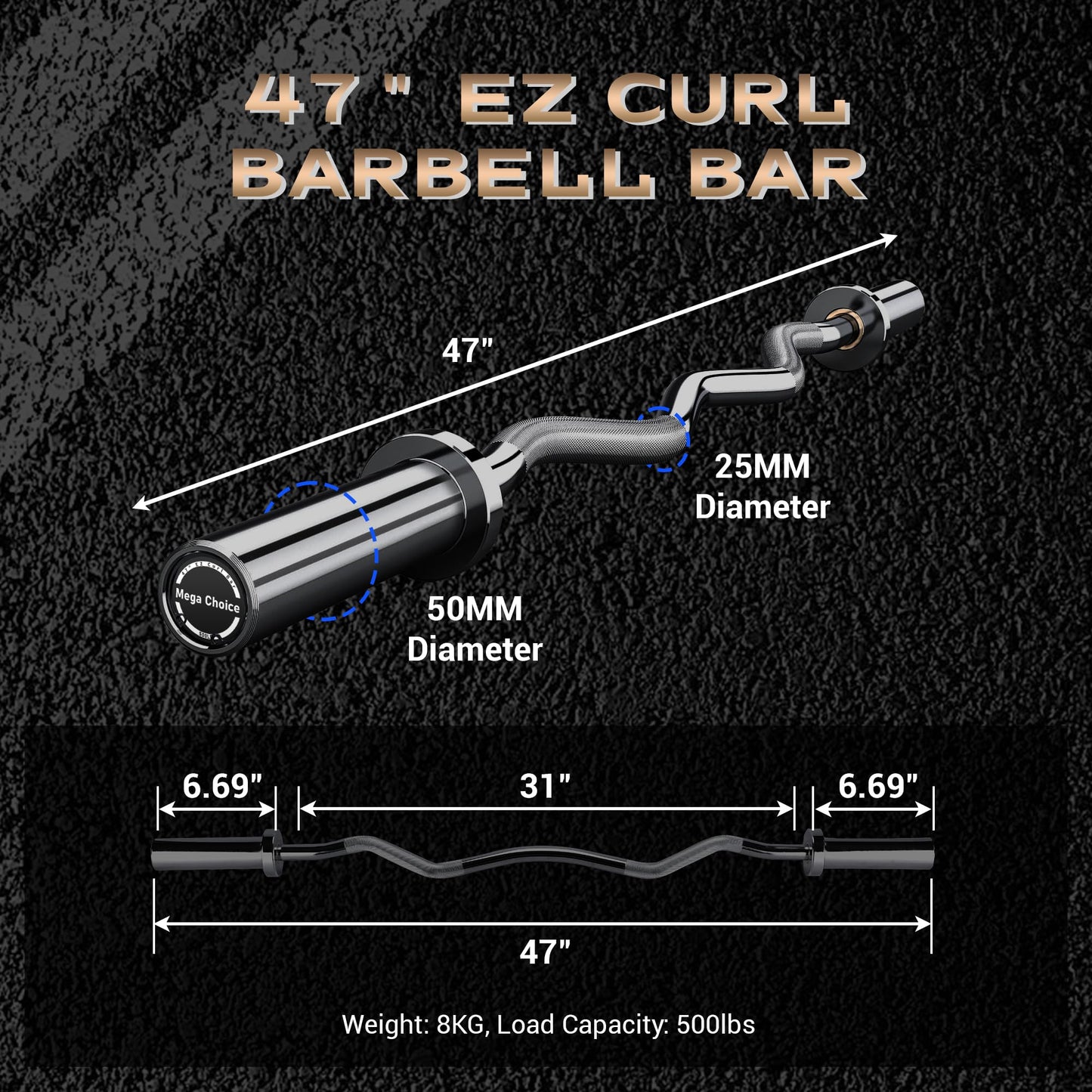 47" Olympic EZ Curl Bar - 500lb Capacity Heavy Duty Chrome Curling Bar for Biceps Triceps Workout, With 2 Spring Collars, Fits 2" Standard Weight Plates for Home & Gym Strength Training