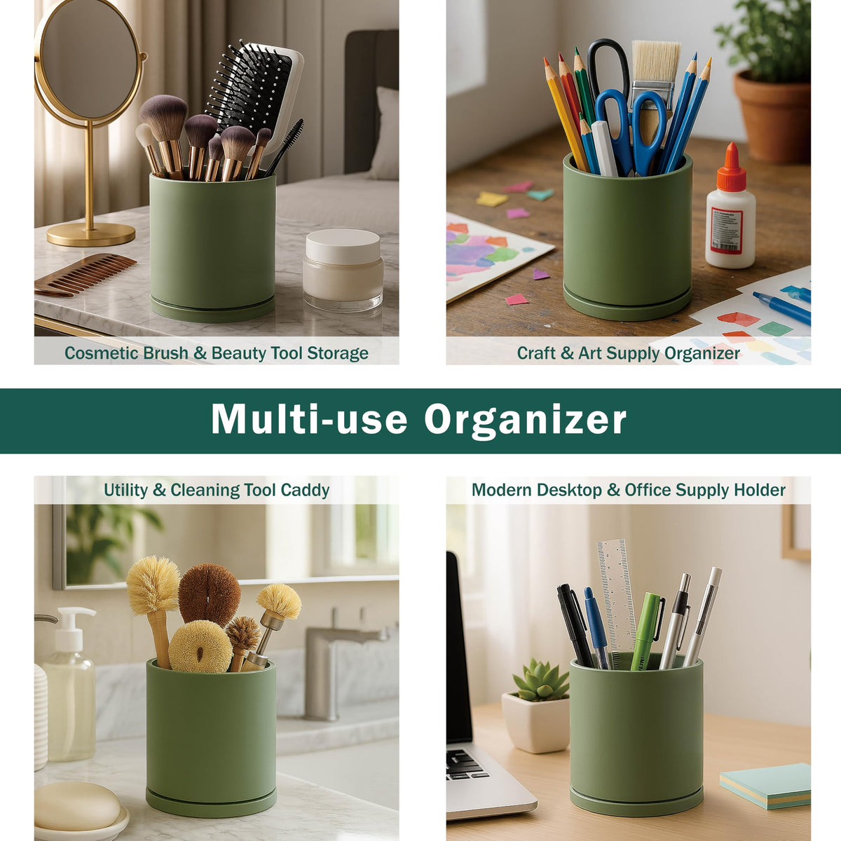 D'vine Dev 360° Rotating Utensil Holder – 7.2" Kitchen Utensil Crock for Countertop, Modern Cooking Tool Organizer for Kitchen Storage & Décor, Set of 2, Olive, 72-Y-C-2