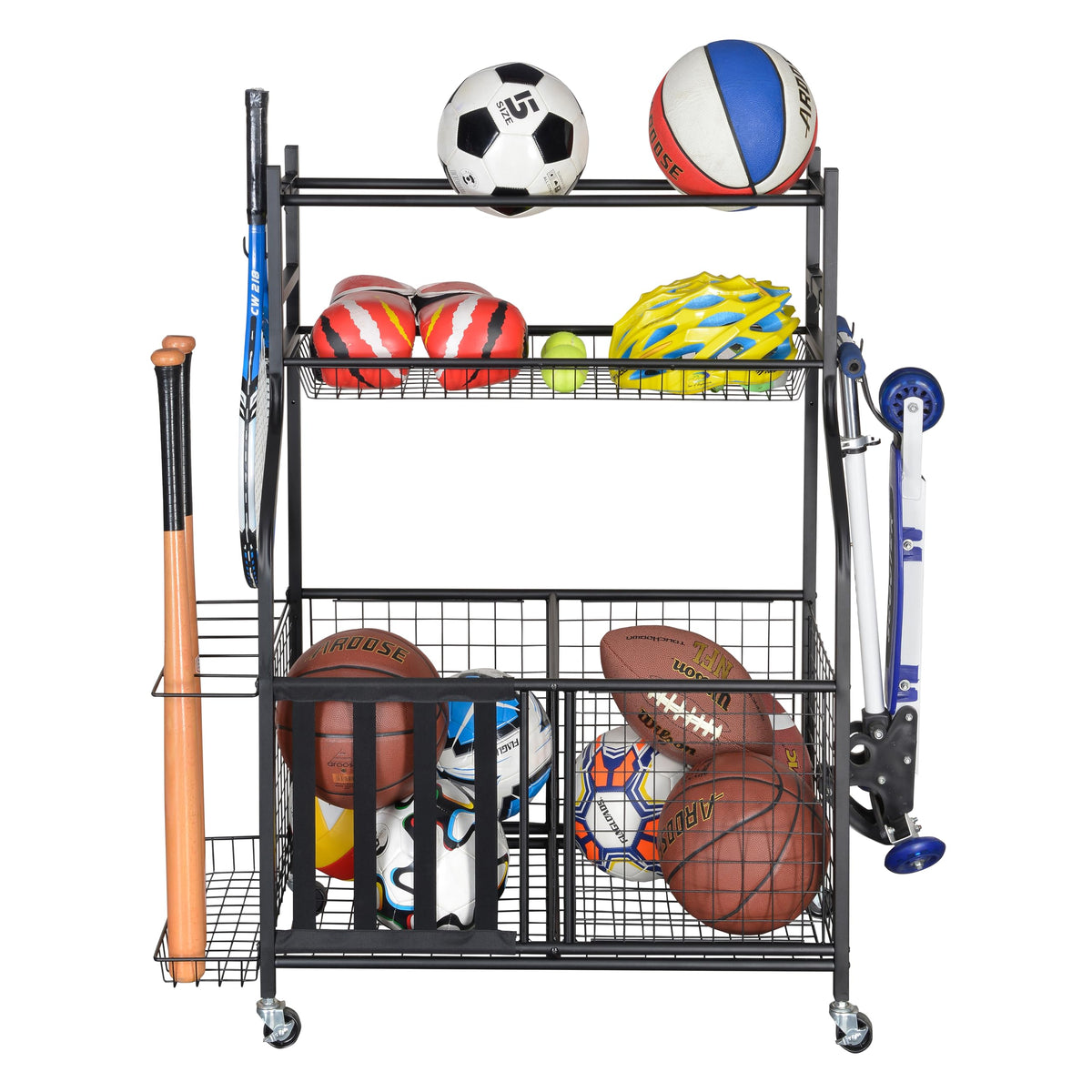 Snail Garage Storage System Sports Equipment Organizer with Baskets and Hooks, Sports Gear and Ball Storage Rack with Wheels for Garages, Playgroup, Gym and Schools, Powder Coated Steel, Black