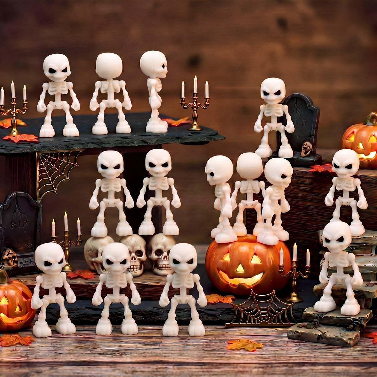 Junkin 100 Pcs Halloween Mini Skeleton Figures Tiny Skulls Cute Design Soft Rubber Skeleton Decorations Miniature Skulls Figures Ornaments for Indoor Fireplace Haunted House Accessories Party