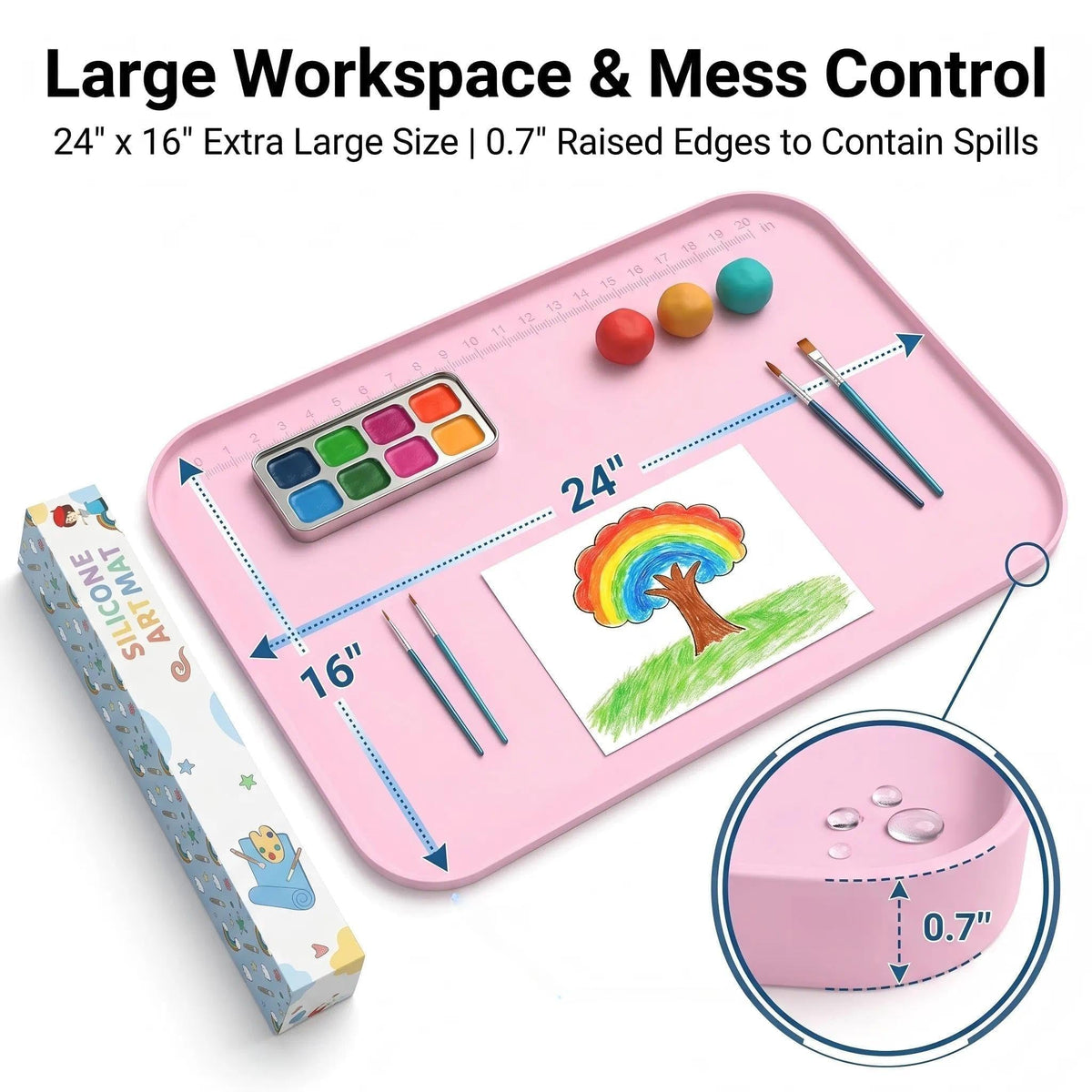 AWOKE 24"x16" Silicone Mats for Crafts with 0.7" High Edges, Large Leak-Proof Art Mat for Playdoh, Resin, Painting, Clay, Slime,Beads, Lego, Puzzle, Non-Stick & Non-Slip Table Protector for Kids, Pink