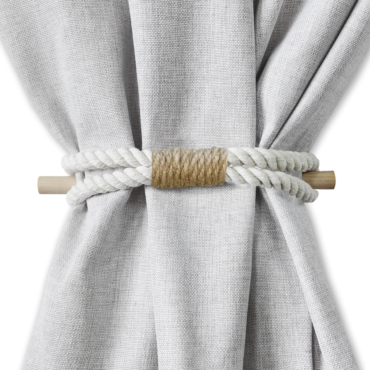 Curtain Tiebacks Rustic Holdbacks for Drapes, Farmhouse Tie Backs for Curtains, Cotton Jute Rope with Wood Club, Natural Boho Decor Shabby Chic Drapery Holder, Pack-2