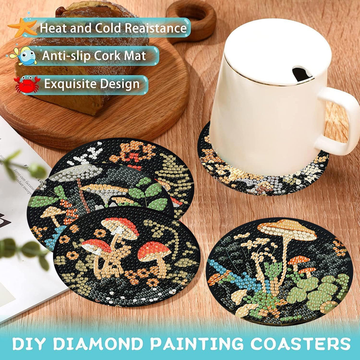 Ekuxom 8 Pcs Diamond Art Coasters Kit for Adults- Mushroom Forest Diamond Painting Coasters with Holder-DIY Crystal Full Drill Rhinestone for Crafts Gifts Adults Beginners