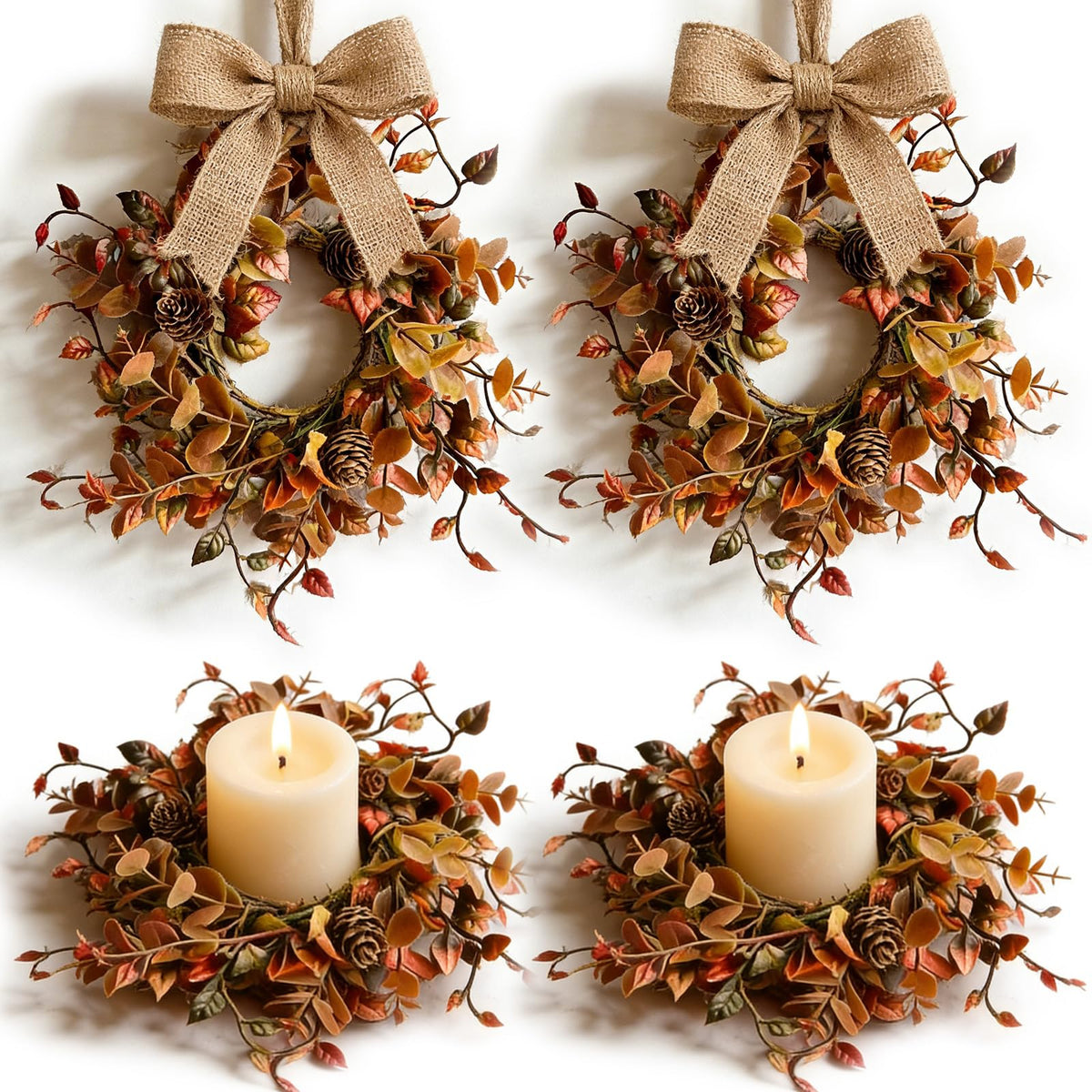 4 Pcs Mini Fall Candle Ring Wreaths Autumn Pinecones Mixed Foliage Artificial Pillar Candle Holder Wreath for Farmhouse Thanksgiving Harvest Porch Front Door Cabinets Table Decoration