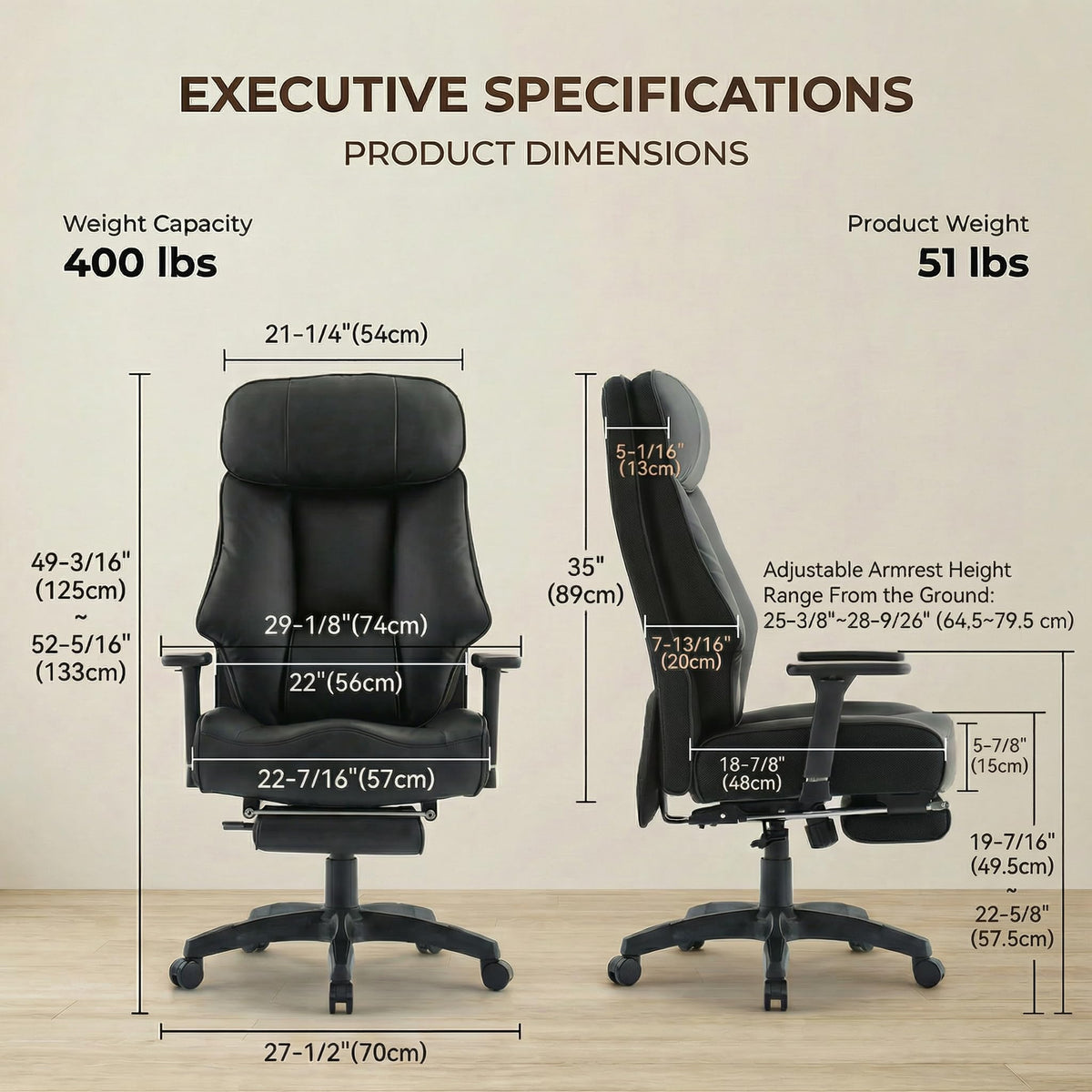 EXCEBET Big and Tall Office Chair 500lbs - 22.4" Extra Wide Seat Ergonomic Executive Chair, Heavy Duty High Back Leather Office Chair with Footrest, Lumbar Support & Adjustable Arm (All Black)
