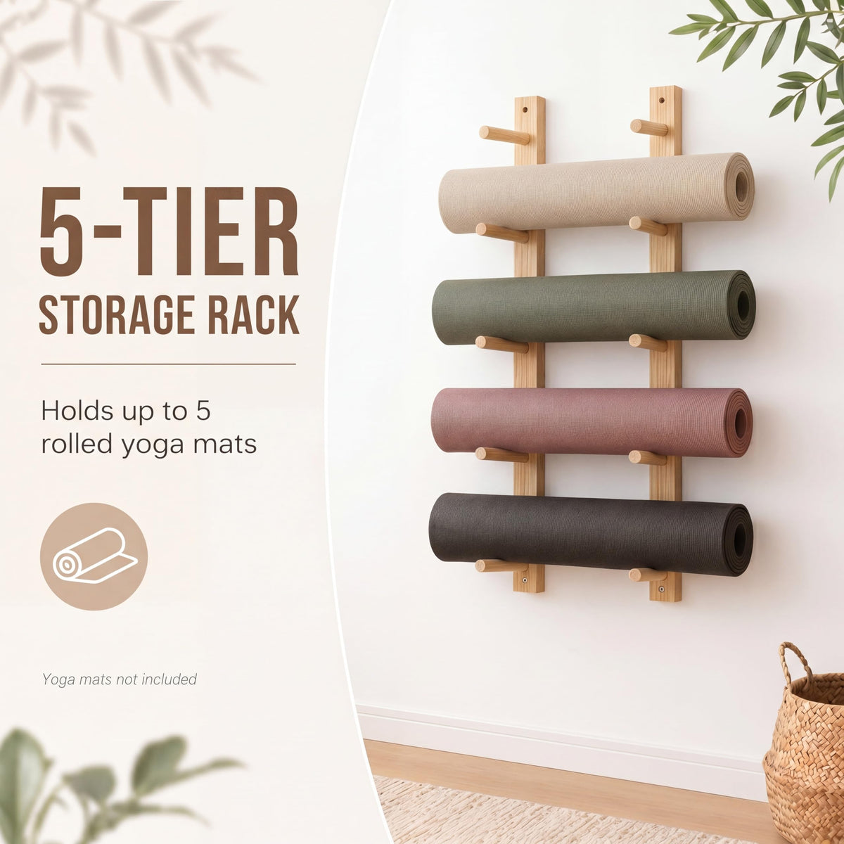 Cinnvoice 1 Pair Yoga Mat Holder Wall Mount Wooden Yoga Mat Storage Racks for Foam Roller & Fitness Accessories 5 Layer 35.4 x 7 x 2 Inches, Accommodating 5 Mats Home Gym Organize