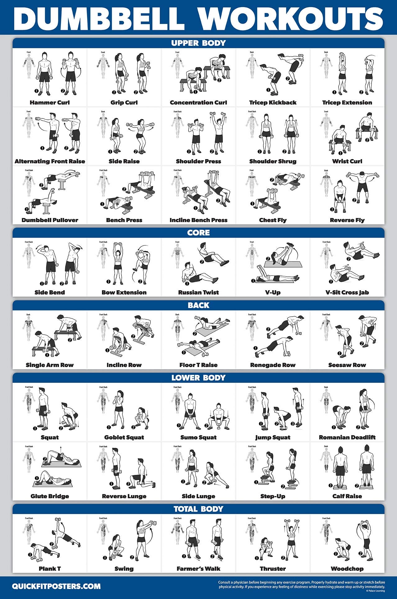 Palace Learning 4 Pack - Dumbbell Workouts + Bodyweight Exercises + Resistance Bands Workouts + Warm Up Exercises - Set of 4 Workout Charts (LAMINATED, 18” x 24”)