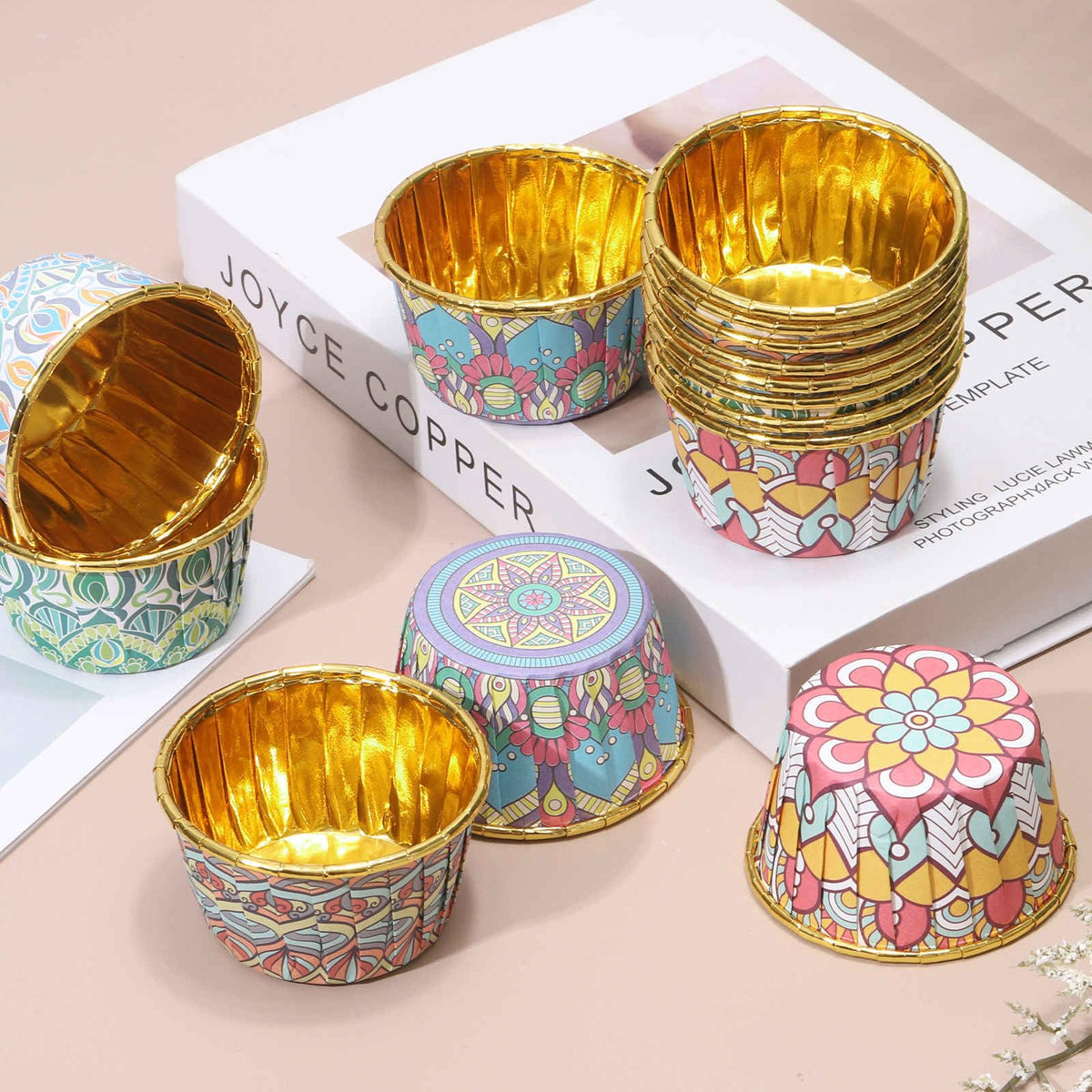 HARFINGTON 150 Pcs Cupcake Baking Liners 3.5 oz Foil Cupcake Liners Gold Little Baking Cups Bohemian Style for Birthday Party Wedding Festival, Dark Pink/Yellow