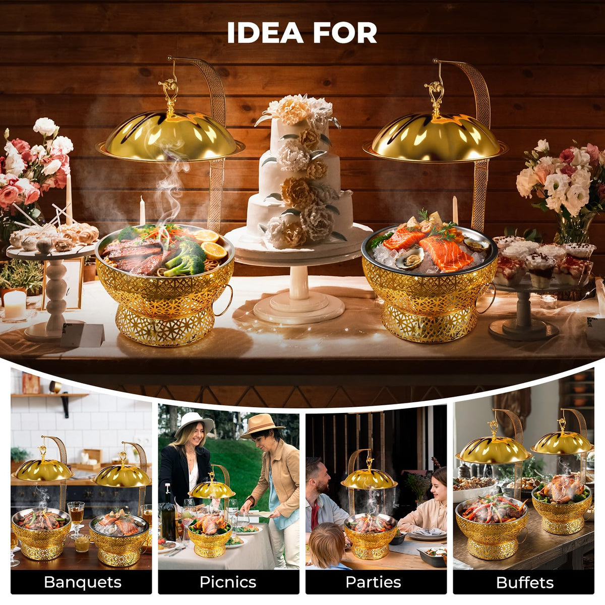 Chafing Dishes Set Gold Stainless Steel, 8 Quart Hollow-Out Buffet Food Warmer, Luxury Catering Warmer for Wedding, Hotel, Party & Christmas (Gold, 4PCS)