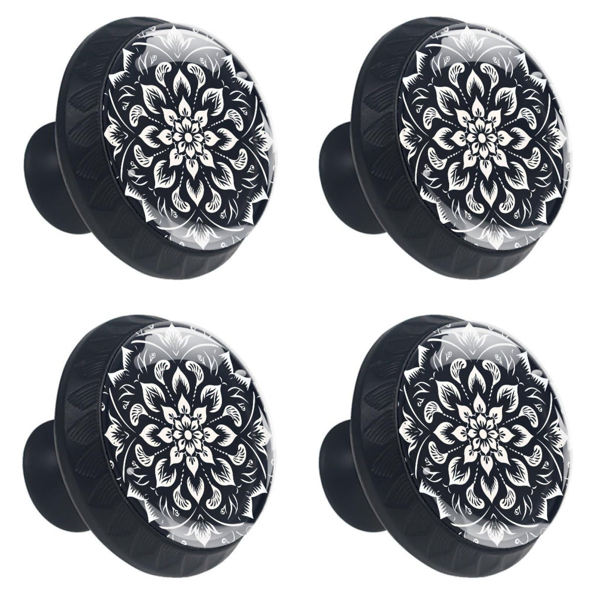 CWAGFEQZ 4-Pc Round Drawer Pulls and Knobs,Handles for Cabinets and Drawers,Black White Floral Flower Closet Door Knobs