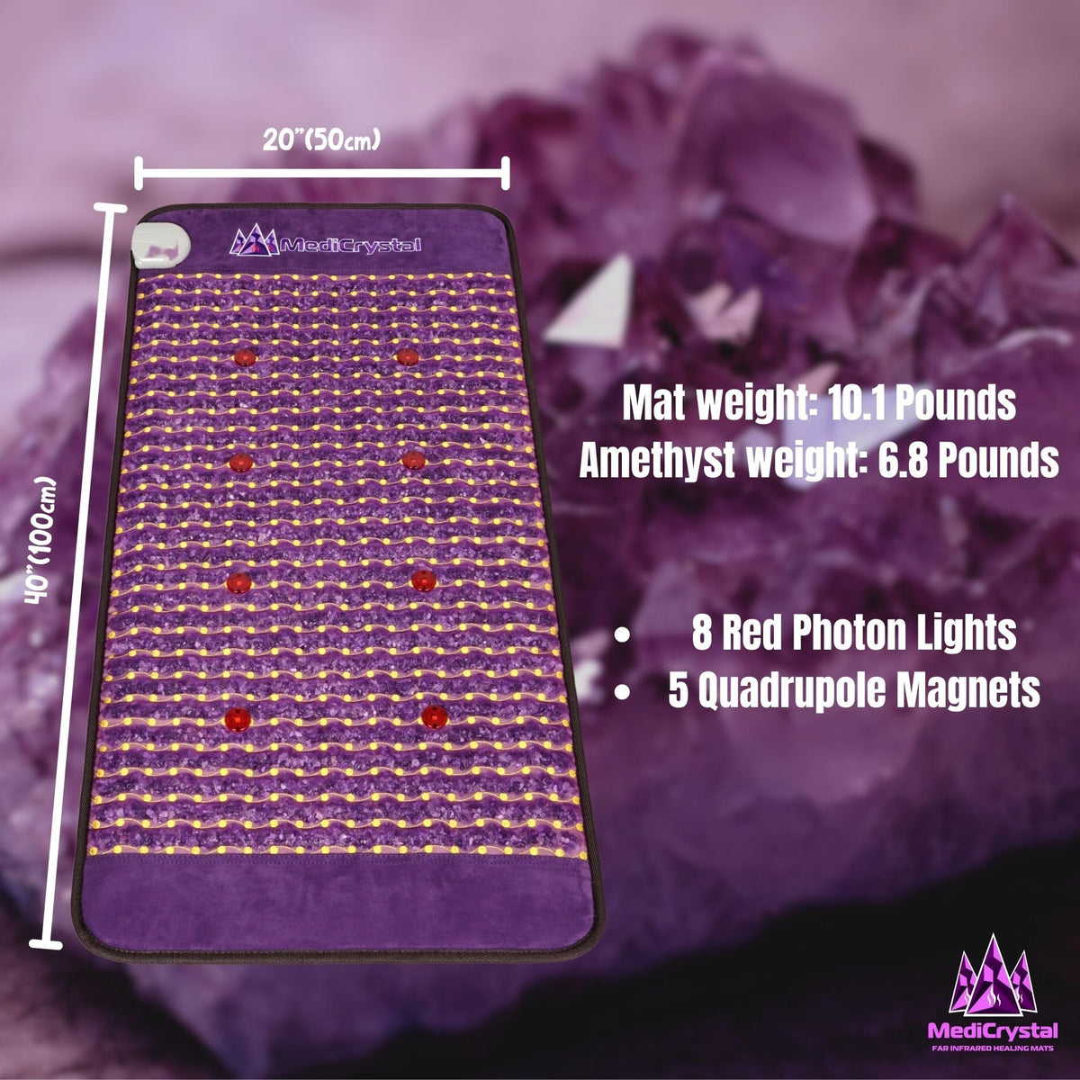 MediCrystal Far Infrared Amethyst Mat 40" L x 20" W - 8 Photon Red NIR MIR Lights - 5 Quadrupole Static Magnets - Bio Stimulation- Medium Flexible FIR Heating Pad