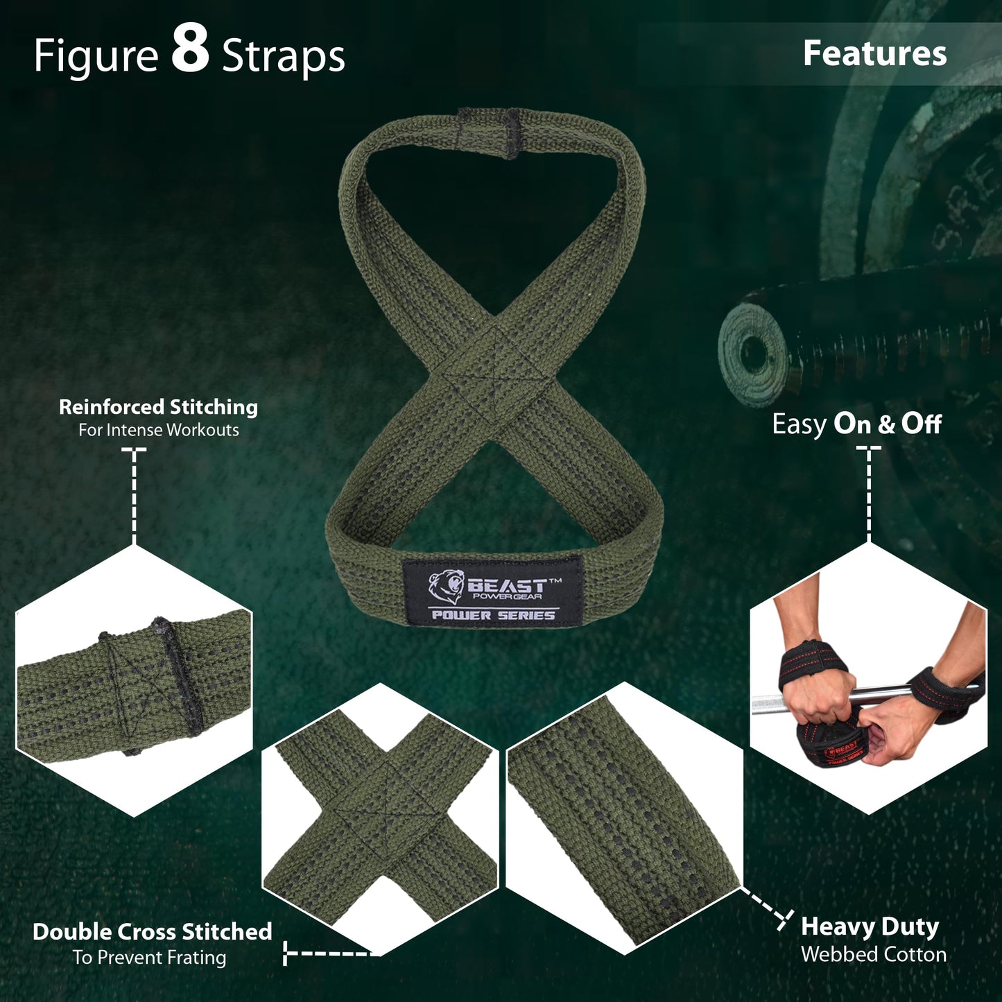 Beastpowergear Figure 8 Strap | Heavy Duty Deadlift Straps Weight Lifting Power Wrist Strap | Weightlifting Powerlifting Shrugs Workout Men Women (Green/Black, Medium 12” (Up to 8.5 Wrist Circumference))