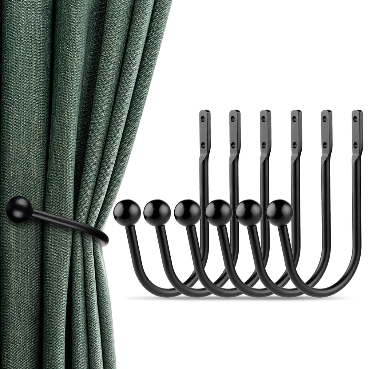 Curtain Holdbacks, 6pcs Curtains Holder Wall Mounted Drapery Tiebacks Retro Window Hook for Home Decor, Matte Black