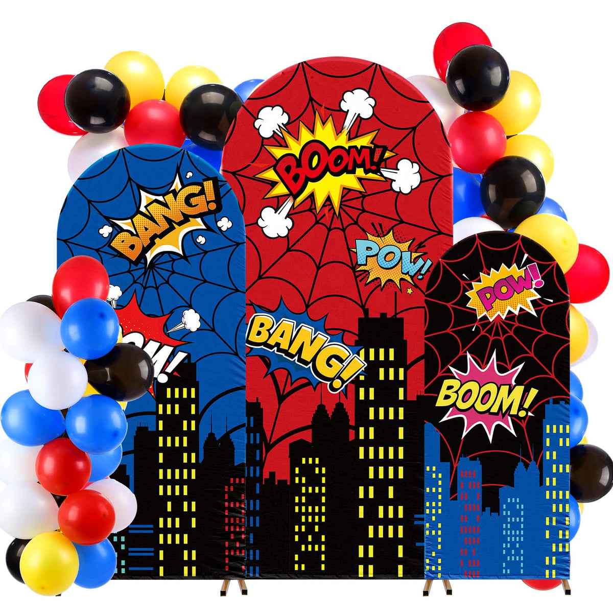 Tudomro 3 Pcs Spider Web Arch Backdrop Cover with Balloons Spider Birthday Party Decorations for Photo Props Indoor Outdoor Cosplay Wedding Baby Shower Backdrop Decor