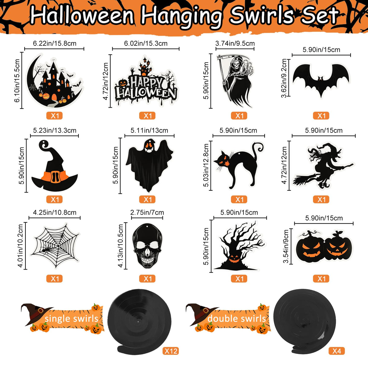 Halloween Party Decorations Indoor, Happy Halloween Banner Sign Decorations Kit with Honeycomb Ball Paper Fans Pumpkin Bat Hanging Swirls Streamers for Home Party Decor