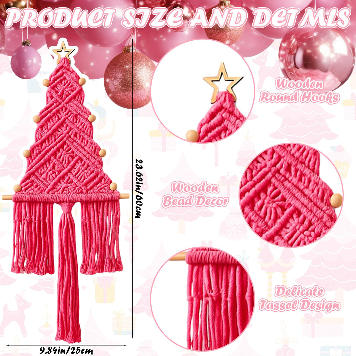 HunnmingRe Pink Christmas Tree 3 Set Macrame Christmas Wall Decoration Hanging Ornaments Boho Wall Decor for Party Supplies(Beige, Light and Dark Pink)