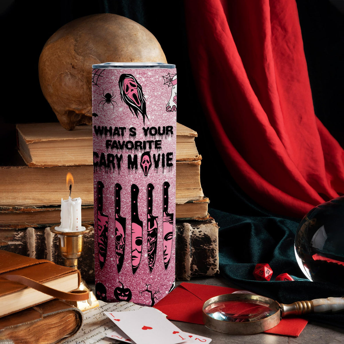 Pink Spooky Cute 20oz Skinny Tumbler, Halloween Horror Aesthetic Stainless Steel Travel Mug with Lid, Insulated Coffee Cup Gift for Women Teens