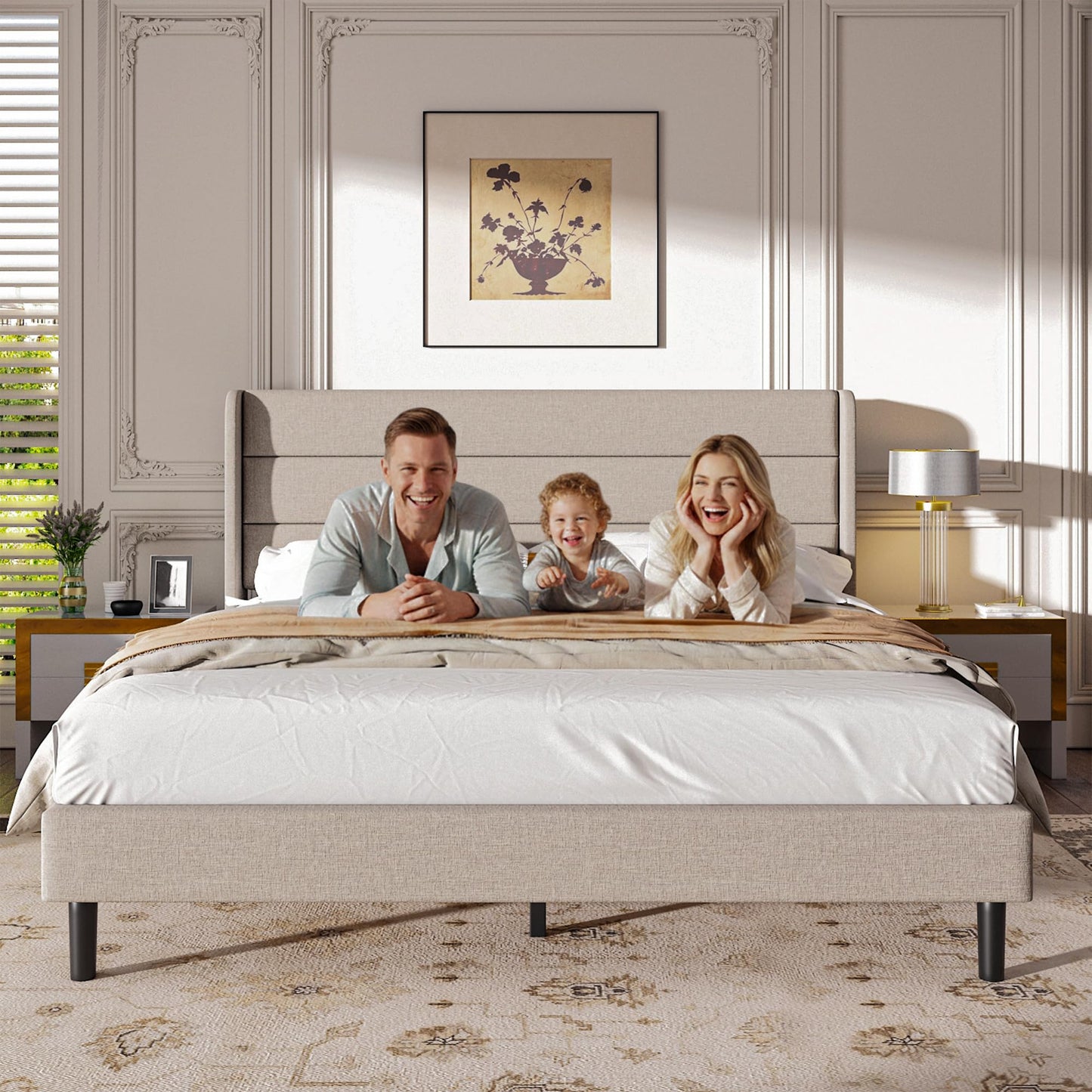 Mxhtcewz King Size Upholstered Platform Bed Frame, Modern Linen Fabric Bed with Wingback Headboard, Sturdy No Wobble, Noise-Free & Easy Assembly, No Box Spring Needed, Beige